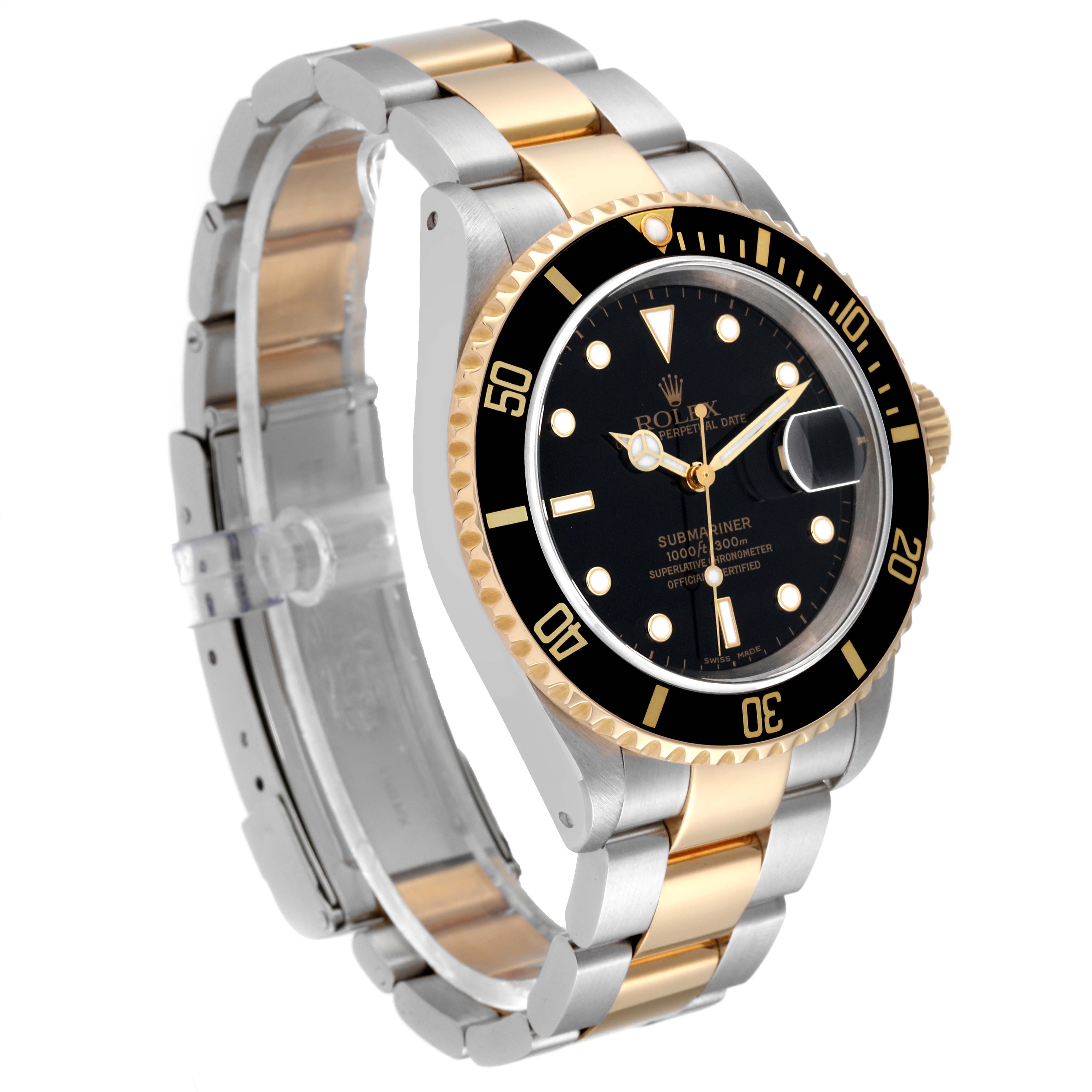 The image shows a side angle of a Rolex Submariner 16613 Men's Steel and Gold (two tone) Black Dial 16613 Men's Steel and Gold (two tone) Black Dial, highlighting the two-tone band, bezel, and dial.