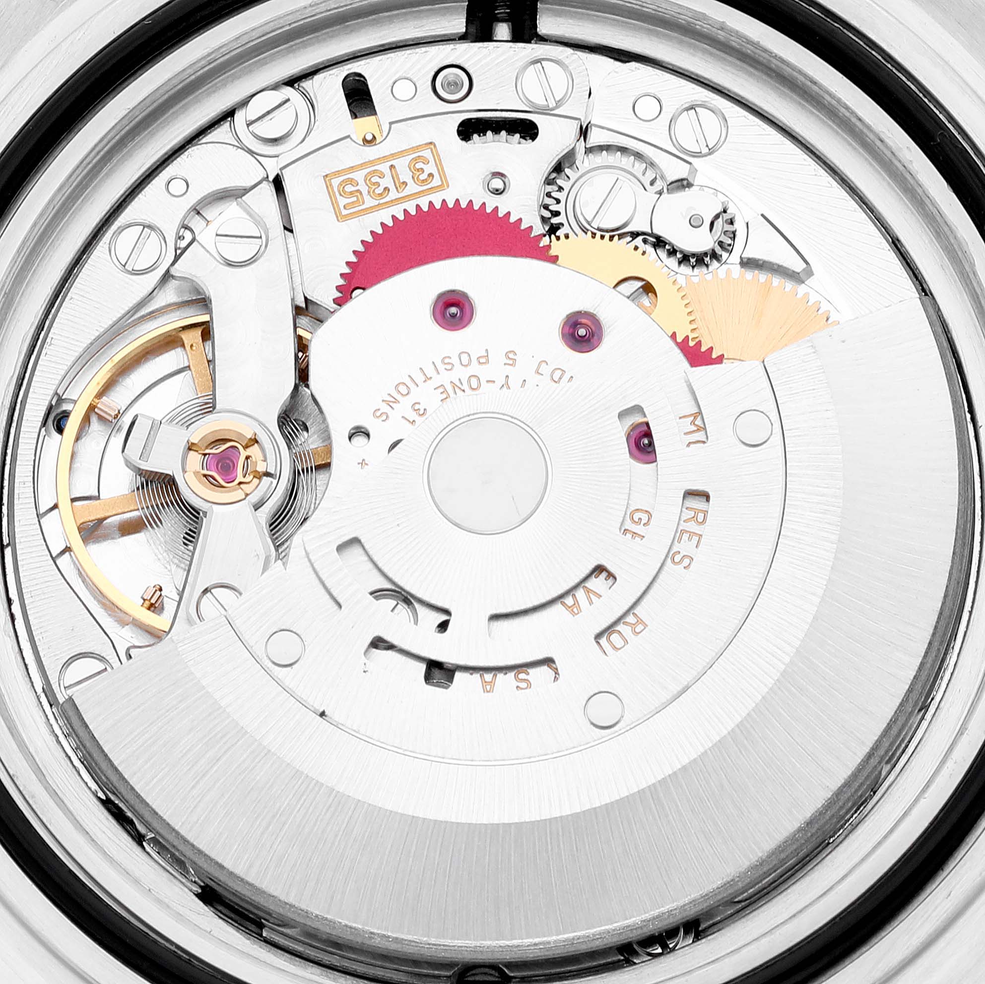 This image shows a close-up view of the internal movement mechanism of a Rolex Submariner 16613 Men's Steel and Gold (two tone) Black Dial 16613 Men's Steel and Gold (two tone) Black Dial watch.
