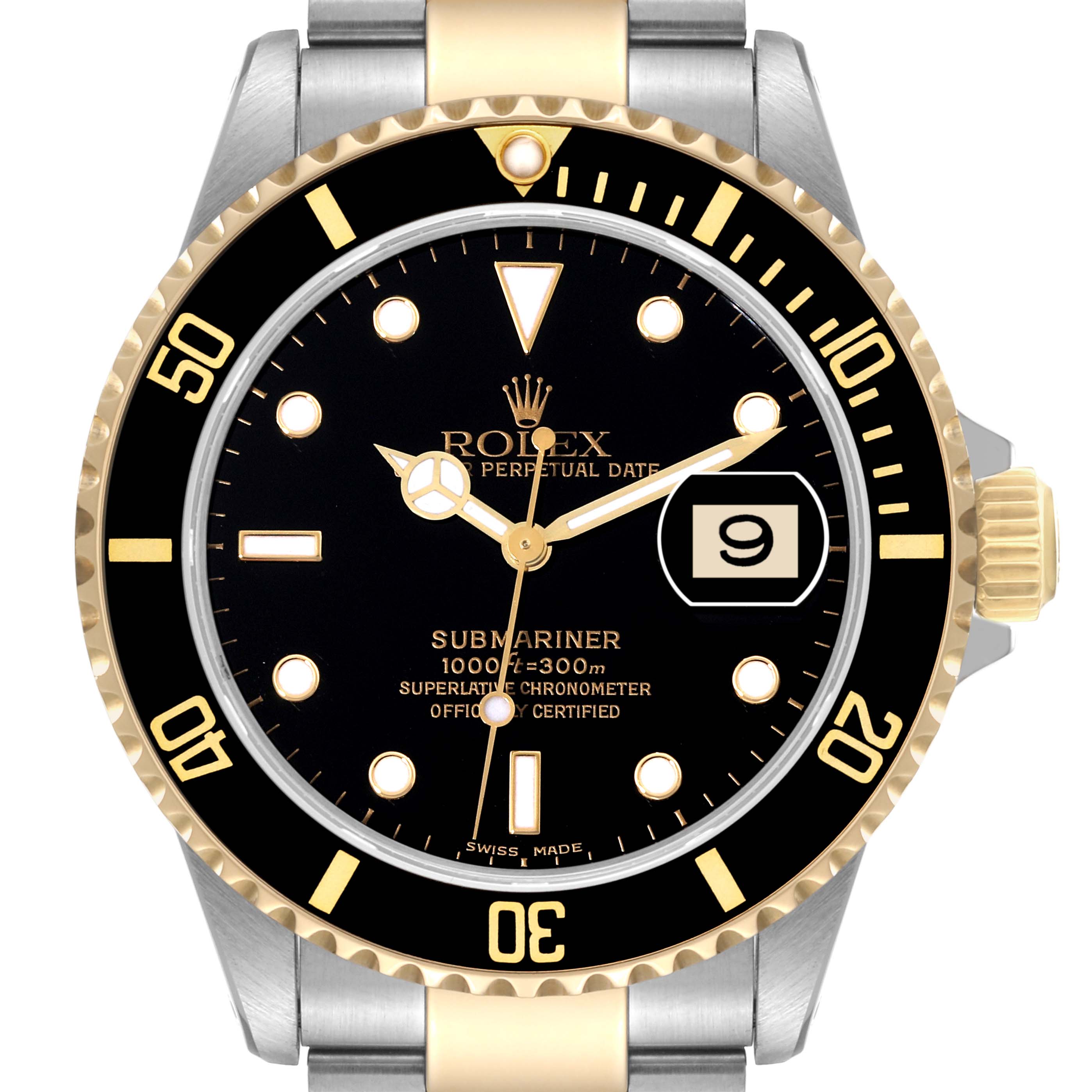 The image shows a frontal view of a Rolex Submariner 16613 Men's Steel and Gold (two tone) Black Dial 16613 Men's Steel and Gold (two tone) Black Dial watch, highlighting the dial, bezel, case, and a part of the bracelet.