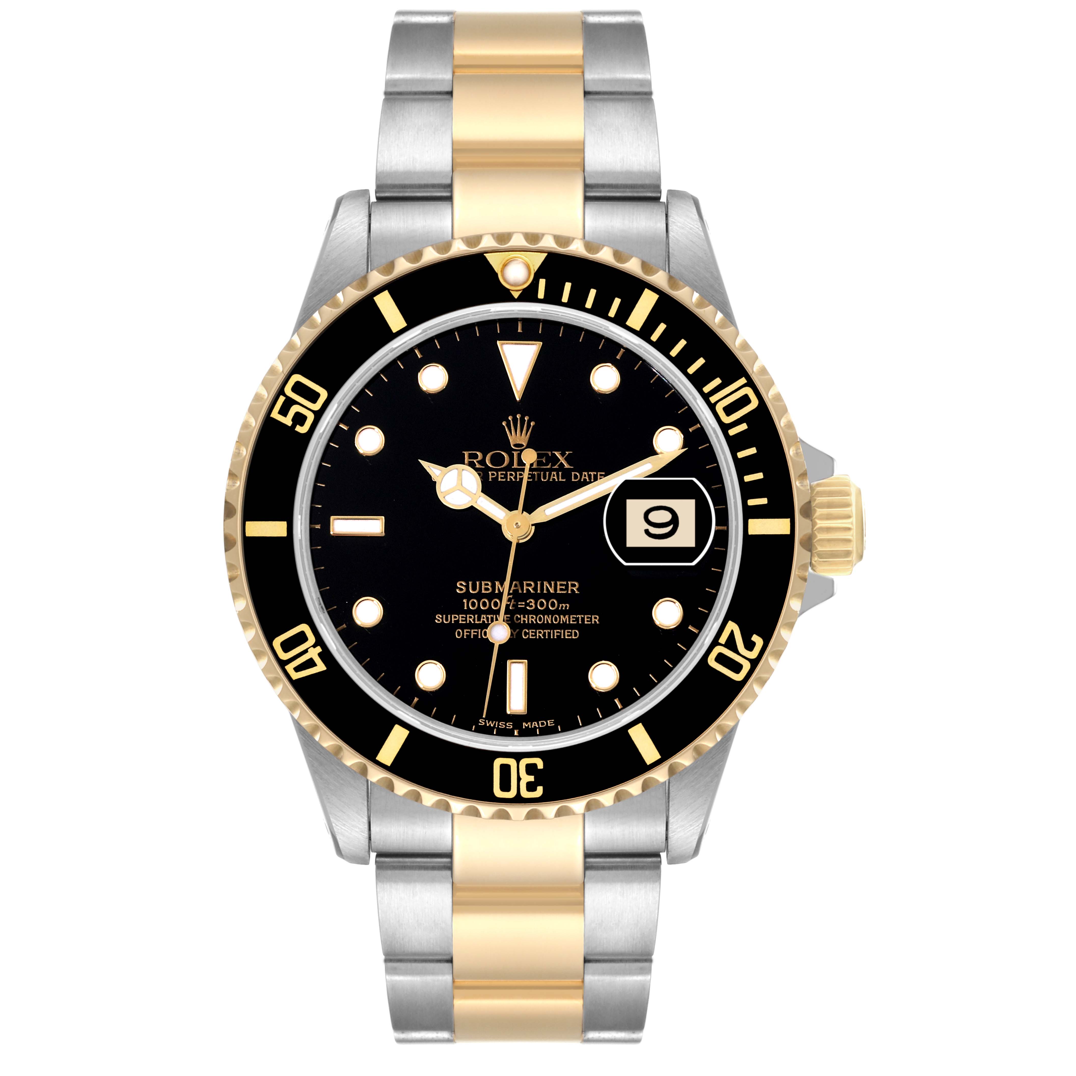 The Rolex Submariner 16613 Men's Steel and Gold (two tone) Black Dial 16613 Men's Steel and Gold (two tone) Black Dial watch is shown from a front angle, featuring its bracelet, bezel, dial, and crown.