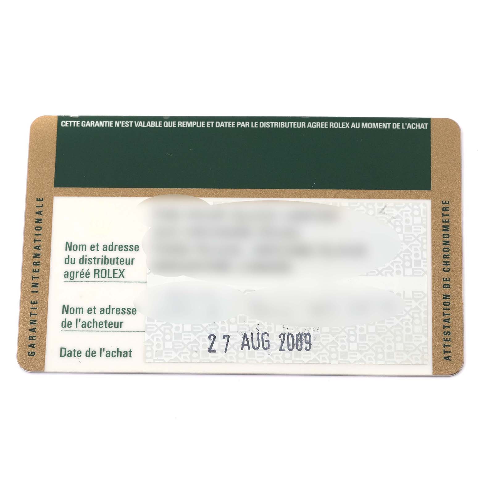 This image shows the warranty card for the Rolex Yacht-Master 169623 Women's Steel and Gold (two tone) Grey Dial 169623 Women's Steel and Gold (two tone) Grey Dial model, featuring purchase information and dealer details.