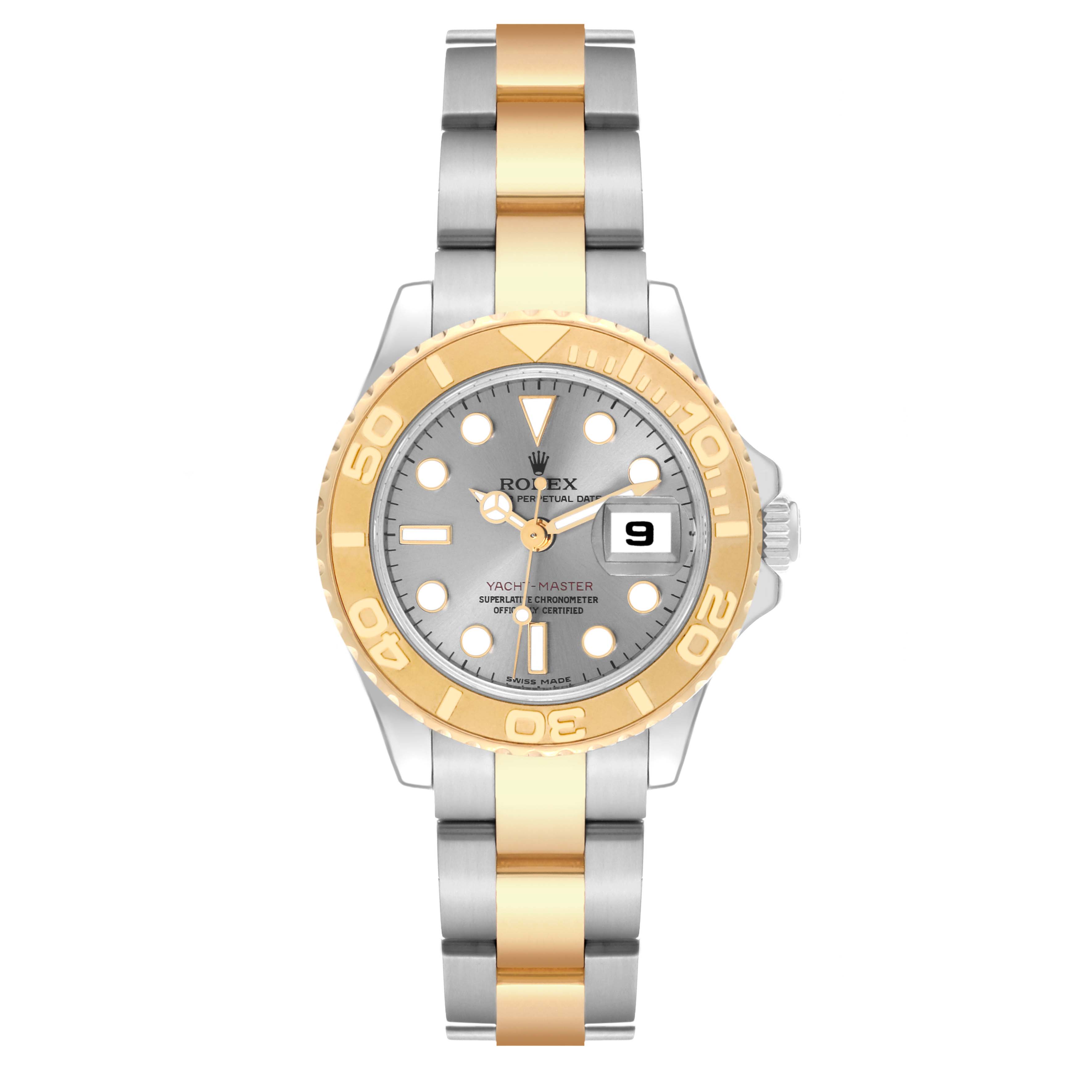 This image shows a Rolex Yacht-Master 169623 Women's Steel and Gold (two tone) Grey Dial 169623 Women's Steel and Gold (two tone) Grey Dial watch viewed from the front, featuring a bicolor stainless steel and gold strap with a grey dial and gold bezel.