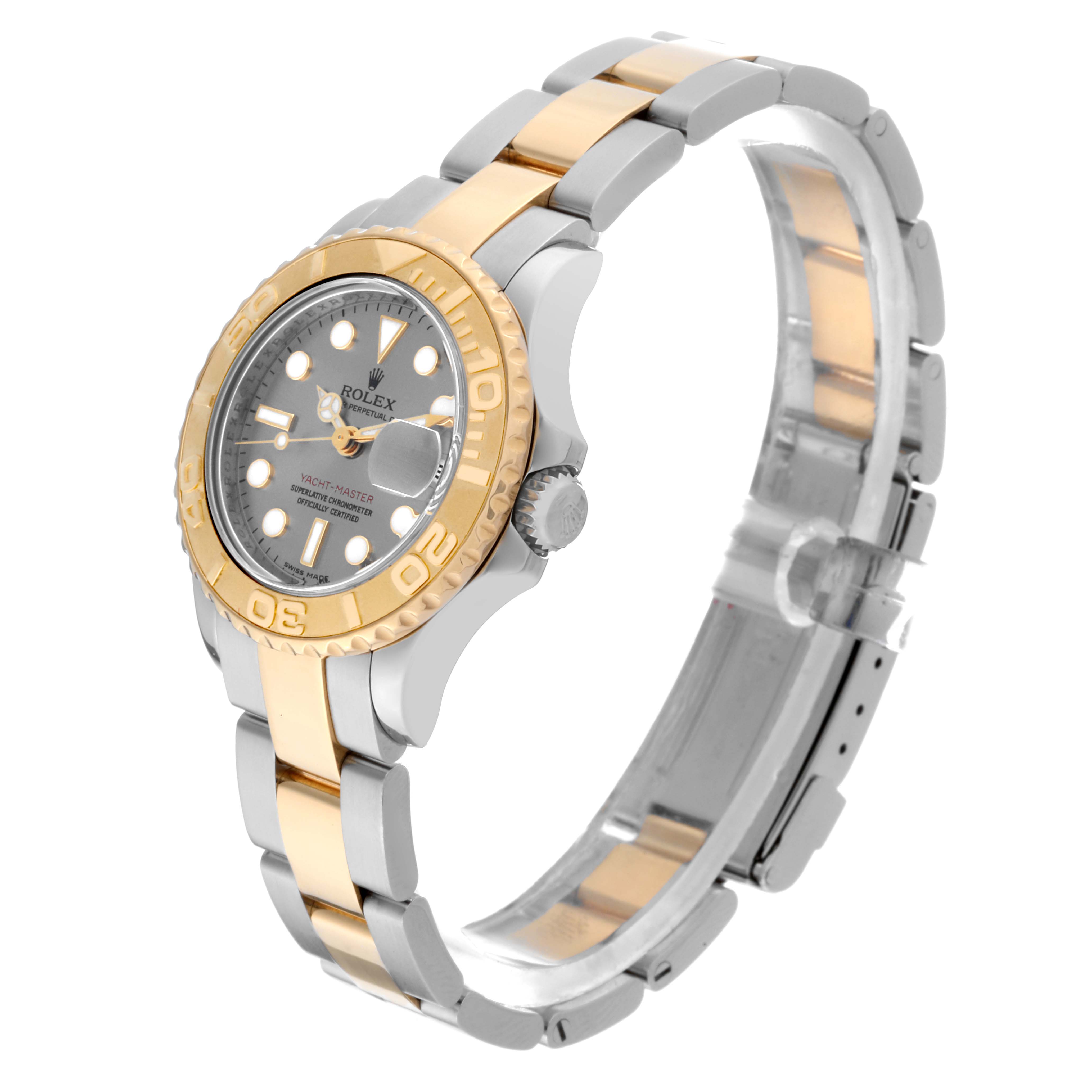 The Rolex Yacht-Master 169623 Women's Steel and Gold (two tone) Grey Dial 169623 Women's Steel and Gold (two tone) Grey Dial watch is shown at a three-quarter angle, highlighting its dial, bezel, and two-tone bracelet.