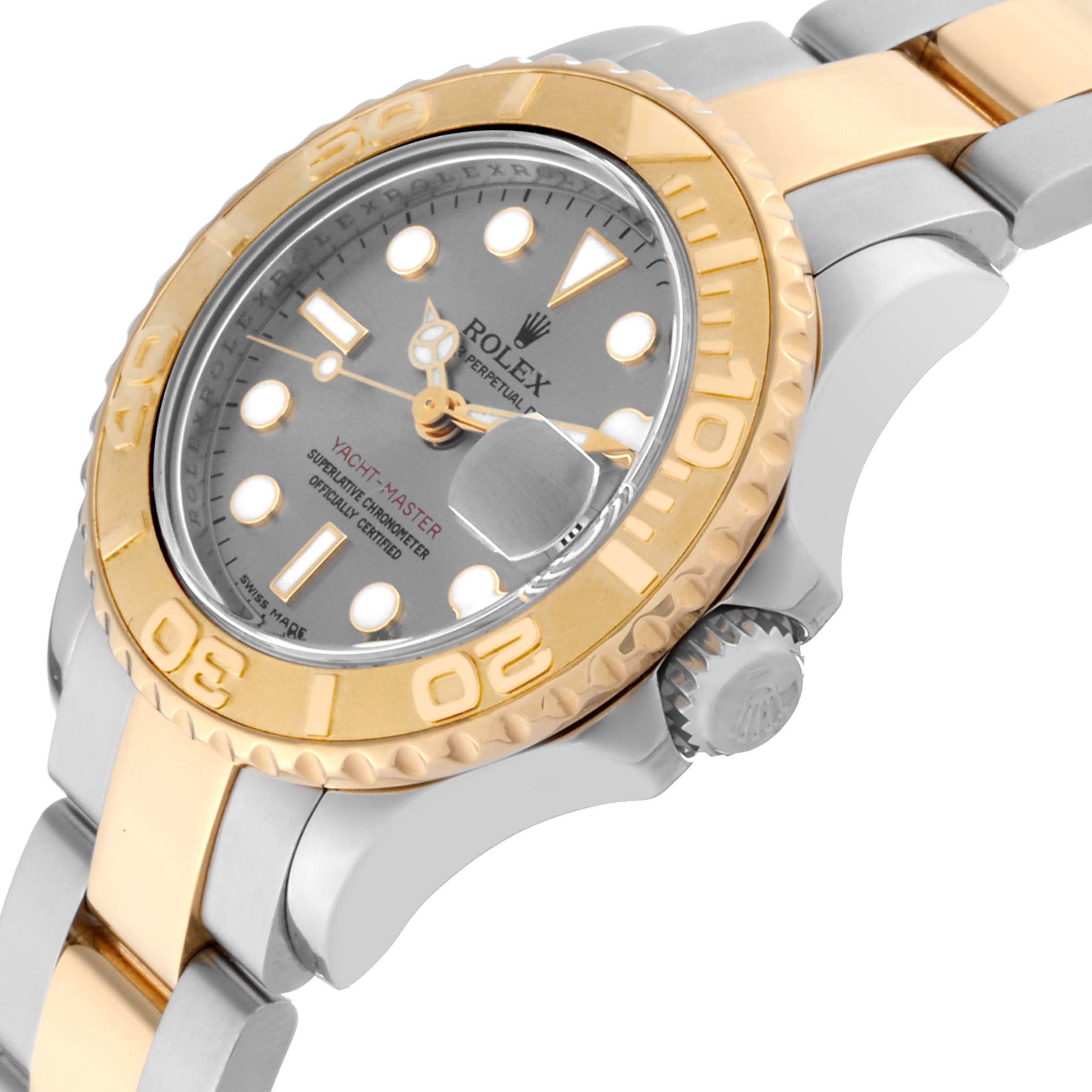 The image shows a Rolex Yacht-Master 169623 Women's Steel and Gold (two tone) Grey Dial 169623 Women's Steel and Gold (two tone) Grey Dial watch at an angled view, focusing on its bezel, dial, crown, and part of the bracelet.