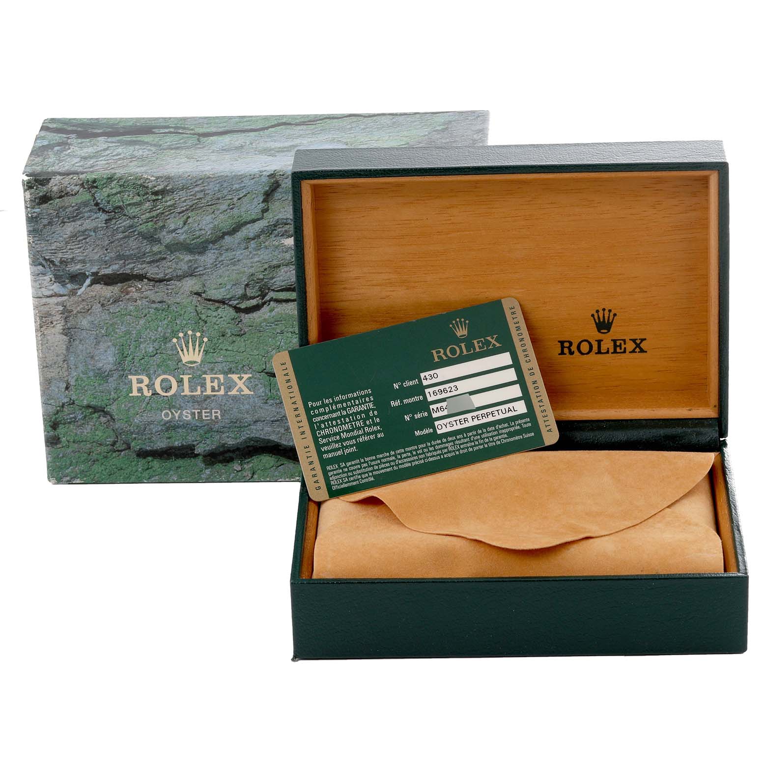 The image shows a Rolex Yacht-Master 169623 Women's Steel and Gold (two tone) Grey Dial 169623 Women's Steel and Gold (two tone) Grey Dial box, inner case, and warranty card at an angle facing the front.