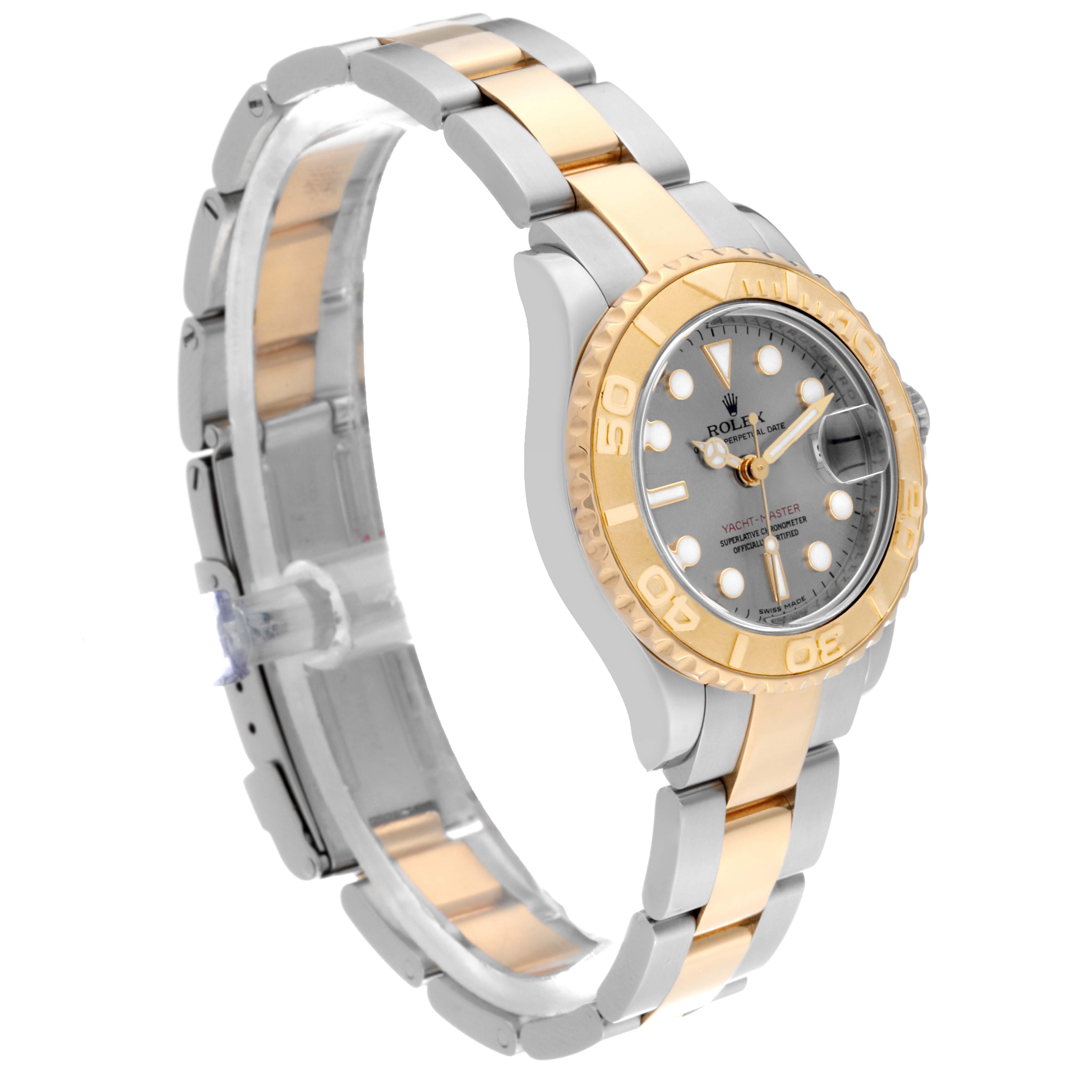 This image shows a Rolex Yacht-Master 169623 Women's Steel and Gold (two tone) Grey Dial 169623 Women's Steel and Gold (two tone) Grey Dial watch at a 3/4 angle, displaying the dial, bezel, and bracelet.