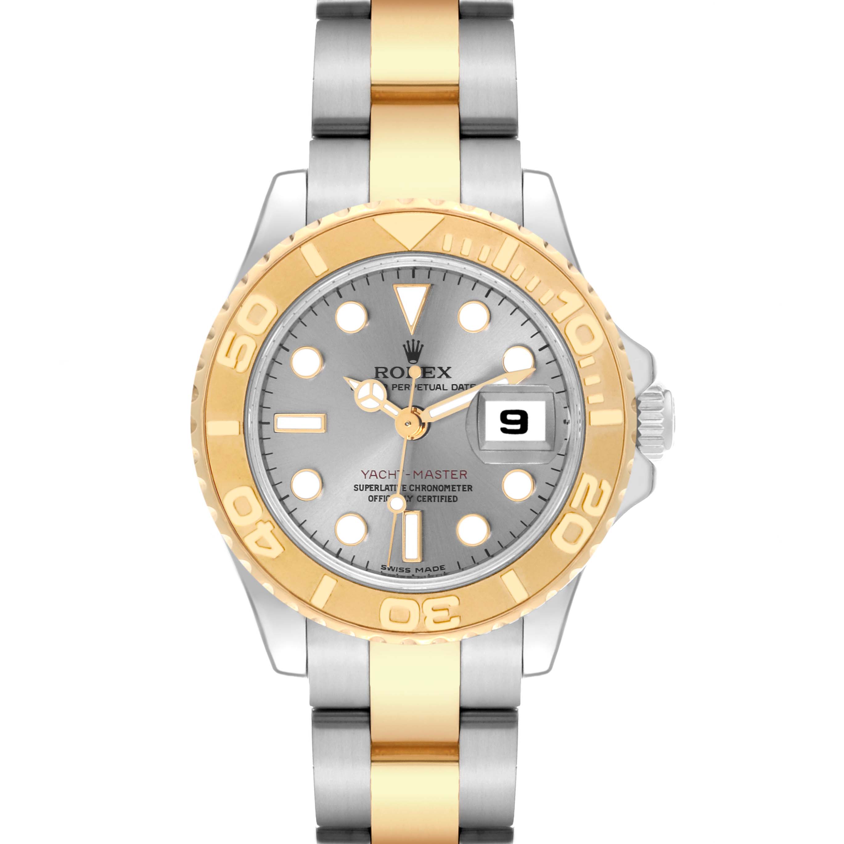 The image shows a Rolex Yacht-Master 169623 Women's Steel and Gold (two tone) Grey Dial 169623 Women's Steel and Gold (two tone) Grey Dial watch from a front angle, displaying the dial, bezel, hands, and part of the bracelet.