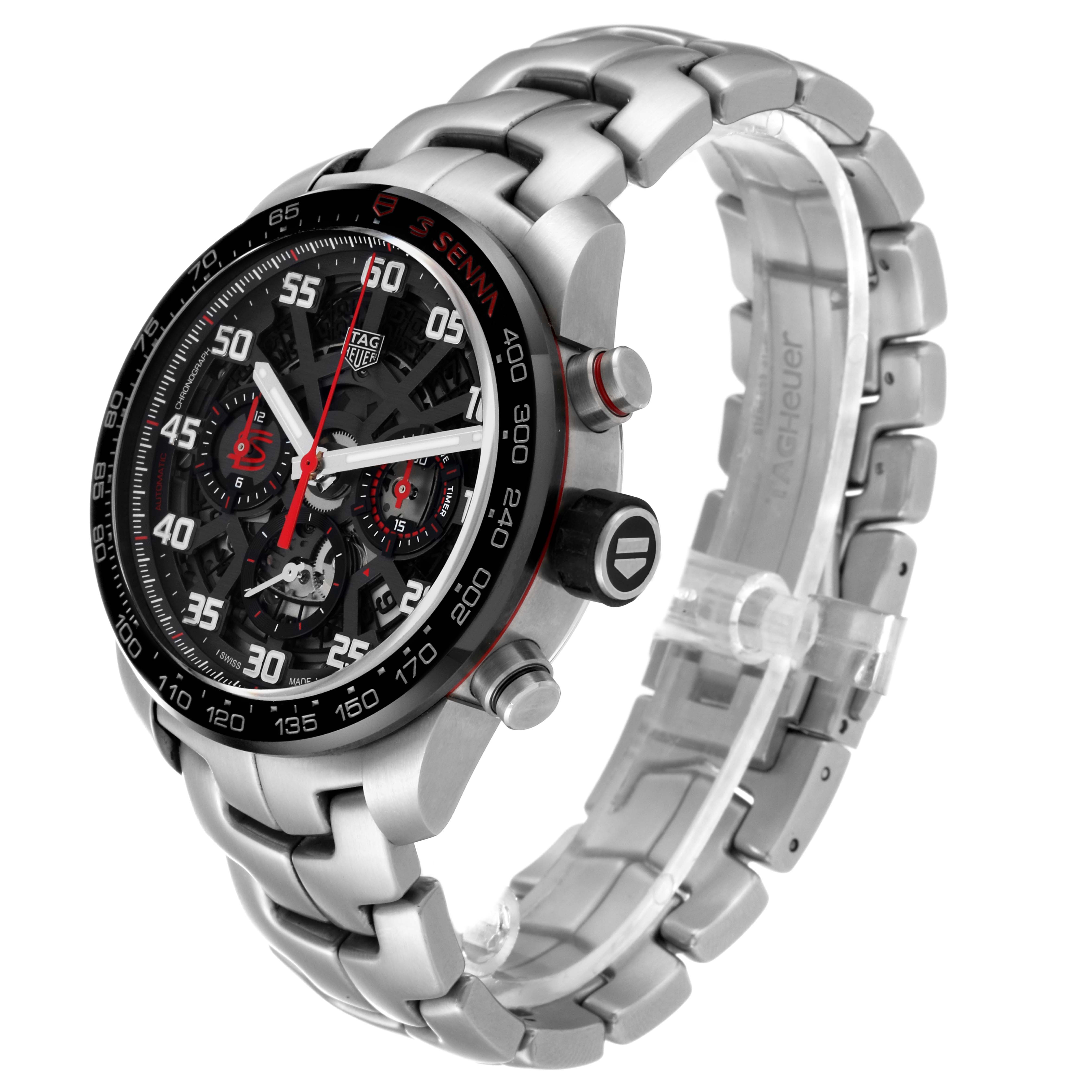 The image shows a Tag Heuer Carrera CBG2013 Men's Stainless Steel Transparent Dial CBG2013 Men's Stainless Steel Transparent Dial watch from a 3/4 angle, highlighting its face, bezel, and stainless steel bracelet.