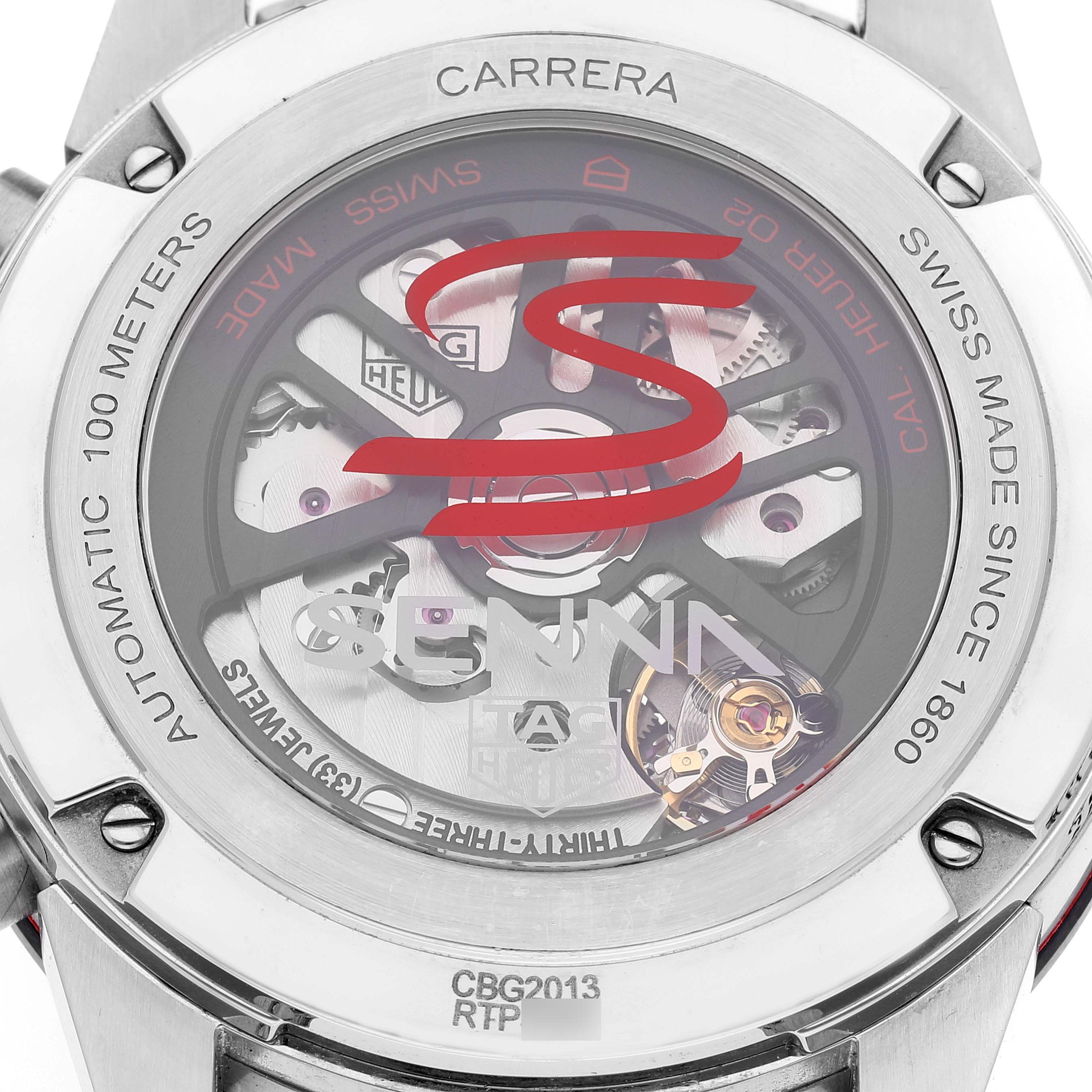 The image shows the back view of a Tag Heuer Carrera CBG2013 Men's Stainless Steel Transparent Dial CBG2013 Men's Stainless Steel Transparent Dial watch, highlighting its automatic movement and internal mechanics.