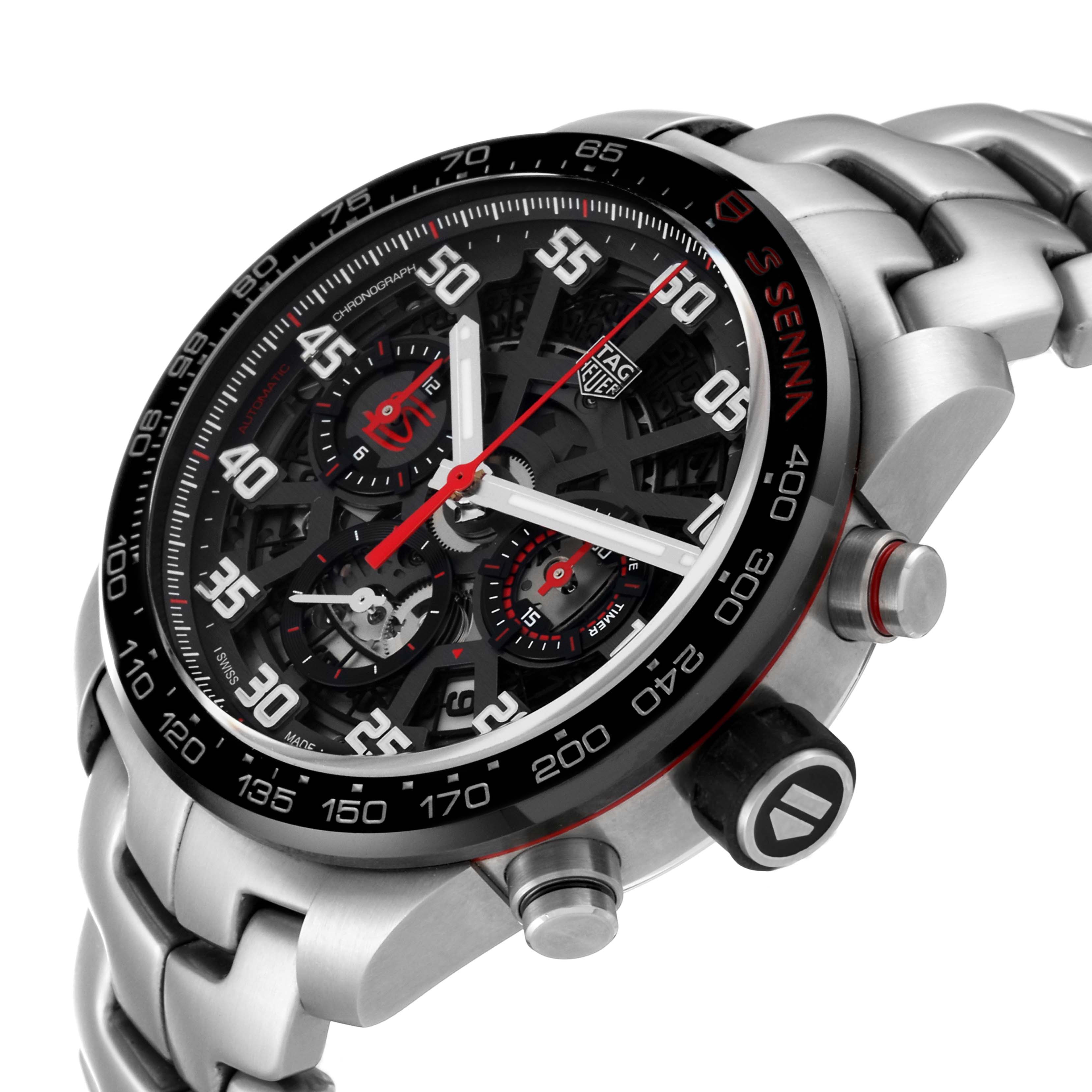 This Tag Heuer Carrera CBG2013 Men's Stainless Steel Transparent Dial CBG2013 Men's Stainless Steel Transparent Dial watch is shown at a slight angle revealing the face, bezel, crown, chronograph pushers, and part of the metallic bracelet.