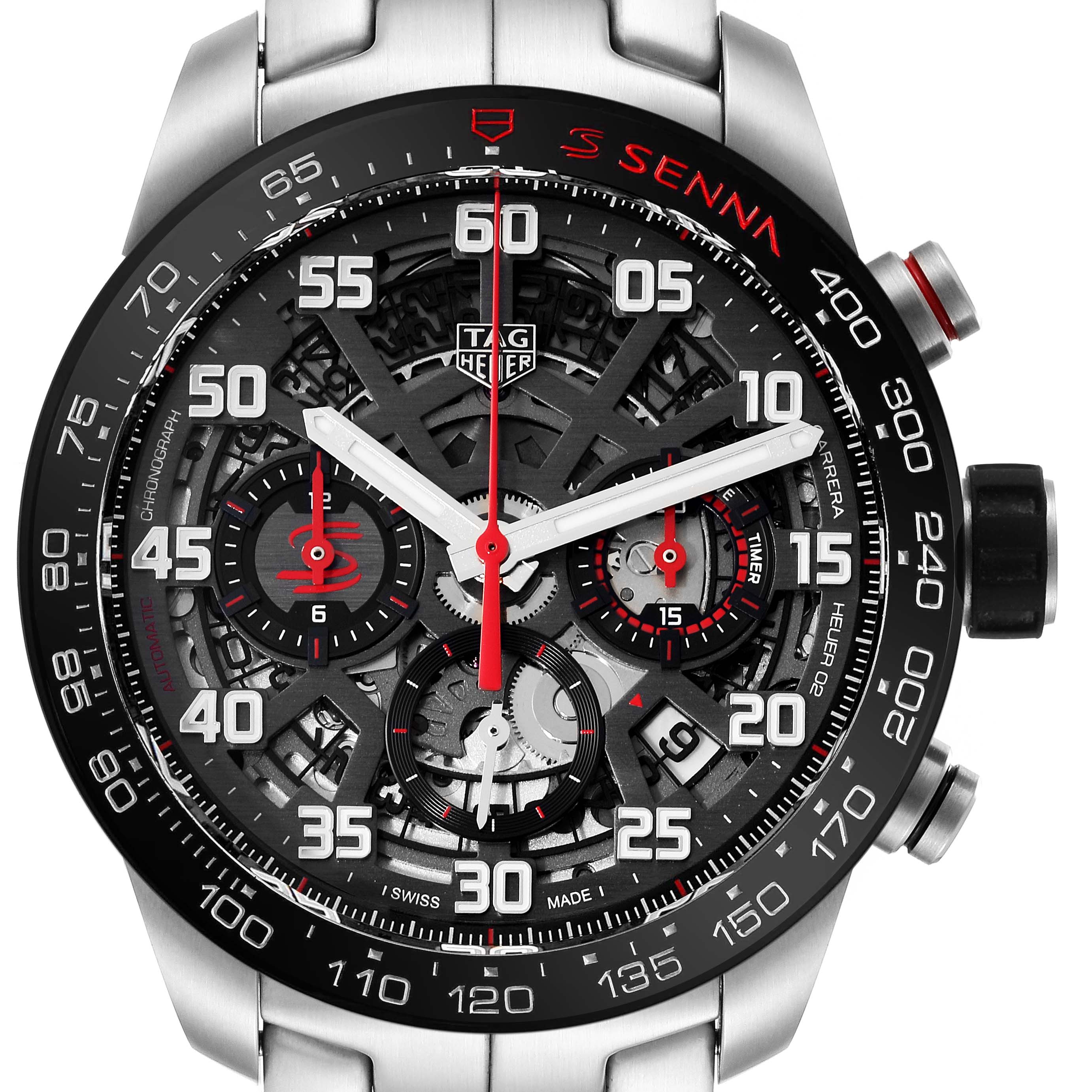 This image shows a frontal view of the Tag Heuer Carrera CBG2013 Men's Stainless Steel Transparent Dial CBG2013 Men's Stainless Steel Transparent Dial watch model, featuring its detailed dial and chronograph subdials.