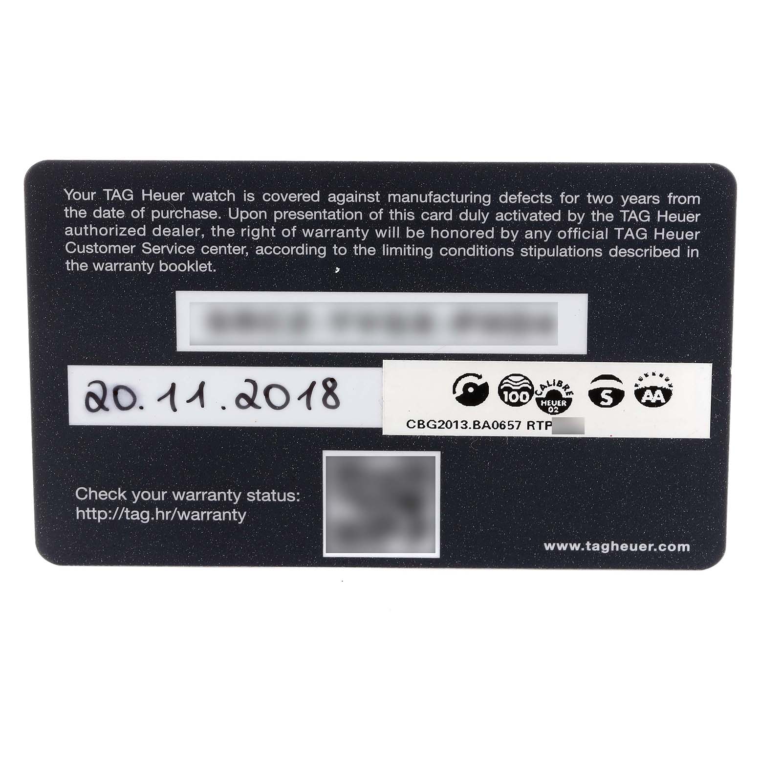 This image shows the warranty card for a Tag Heuer Carrera CBG2013 Men's Stainless Steel Transparent Dial CBG2013 Men's Stainless Steel Transparent Dial model watch with details and date of purchase.