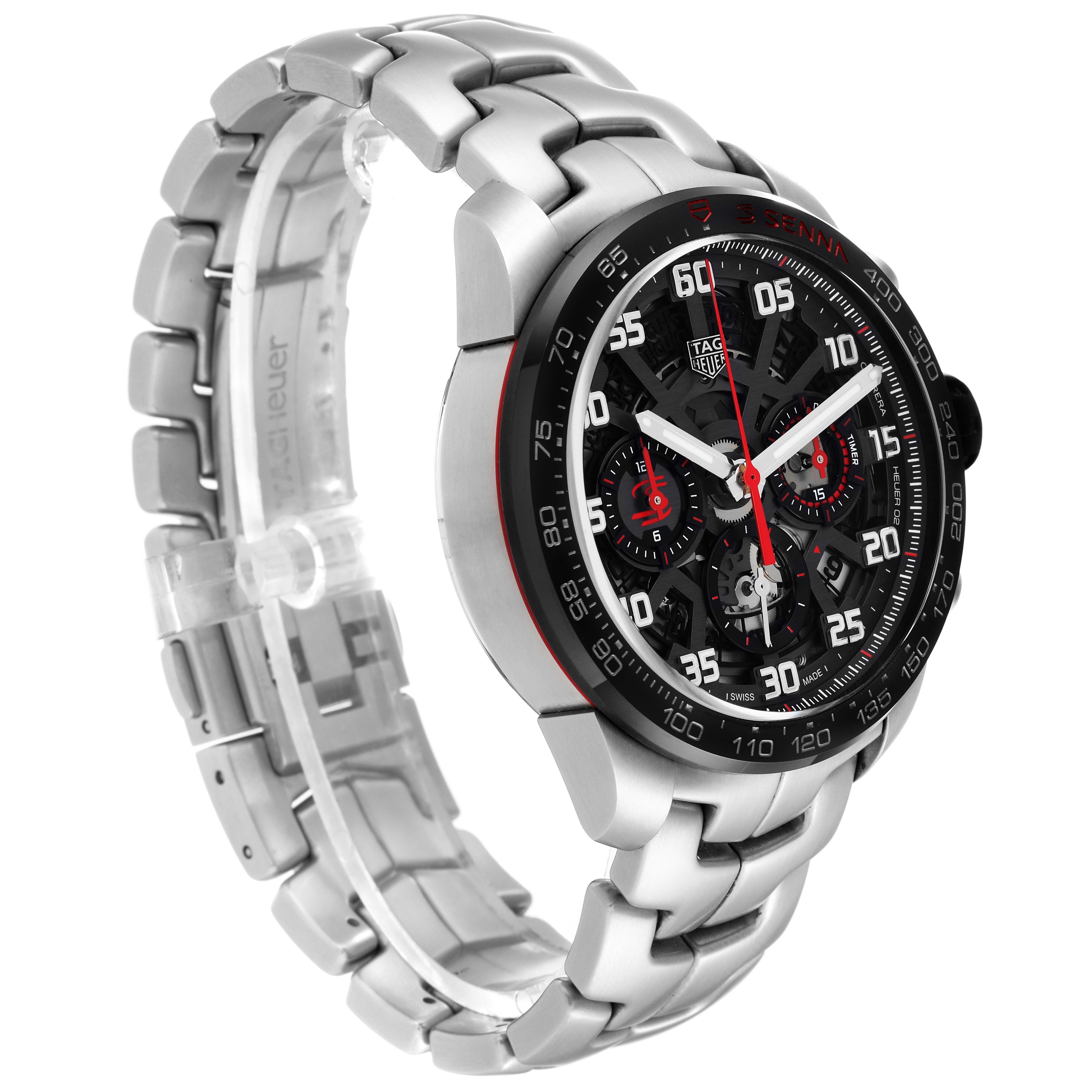 The image shows a Tag Heuer Carrera CBG2013 Men's Stainless Steel Transparent Dial CBG2013 Men's Stainless Steel Transparent Dial watch at a 3/4 angle, highlighting its face and stainless steel bracelet.