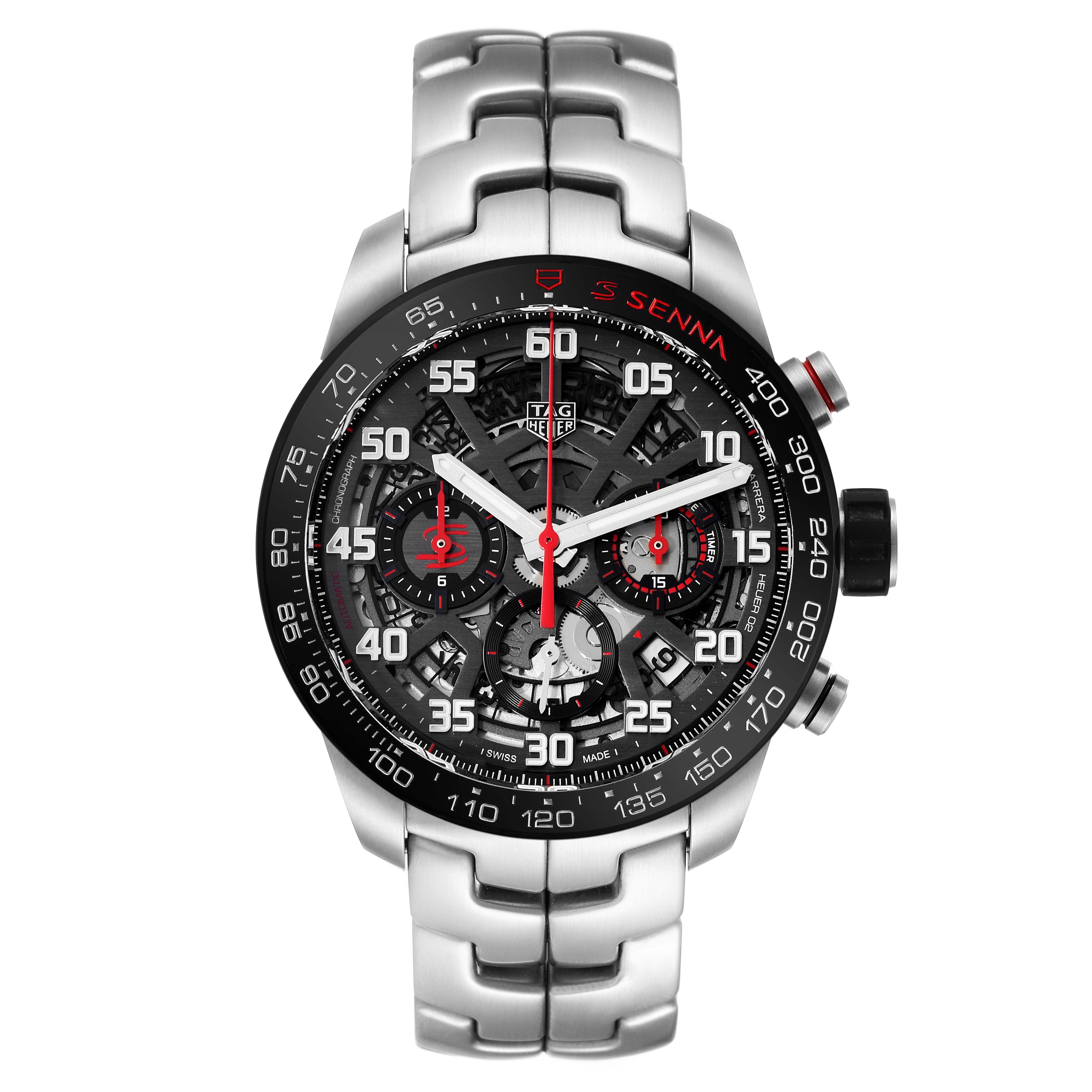 The image shows a front view of the Tag Heuer Carrera CBG2013 Men's Stainless Steel Transparent Dial CBG2013 Men's Stainless Steel Transparent Dial model watch with its metal bracelet and chronograph features.