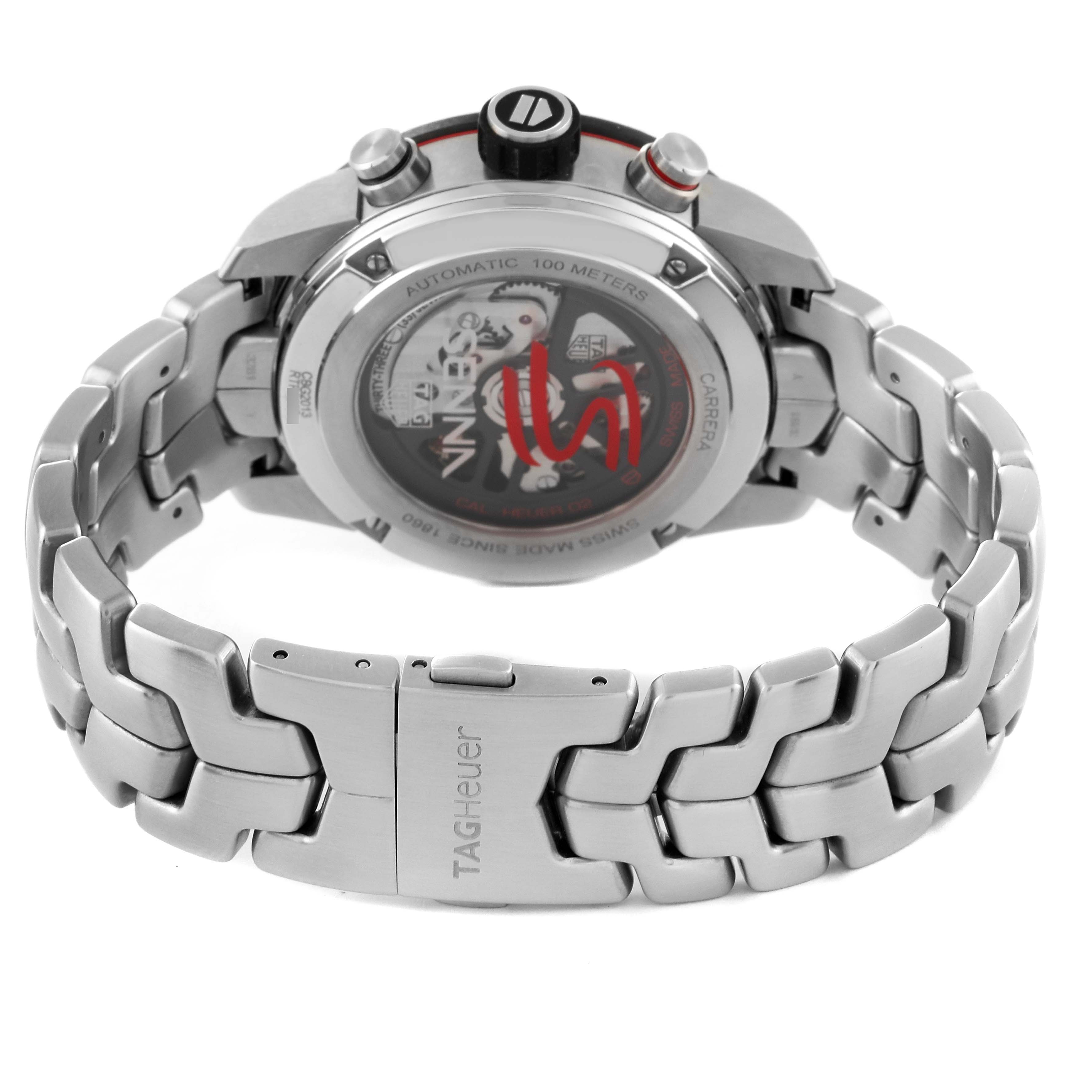 This image shows the back view and clasp of the Tag Heuer Carrera CBG2013 Men's Stainless Steel Transparent Dial CBG2013 Men's Stainless Steel Transparent Dial watch, highlighting its metal bracelet and case back.