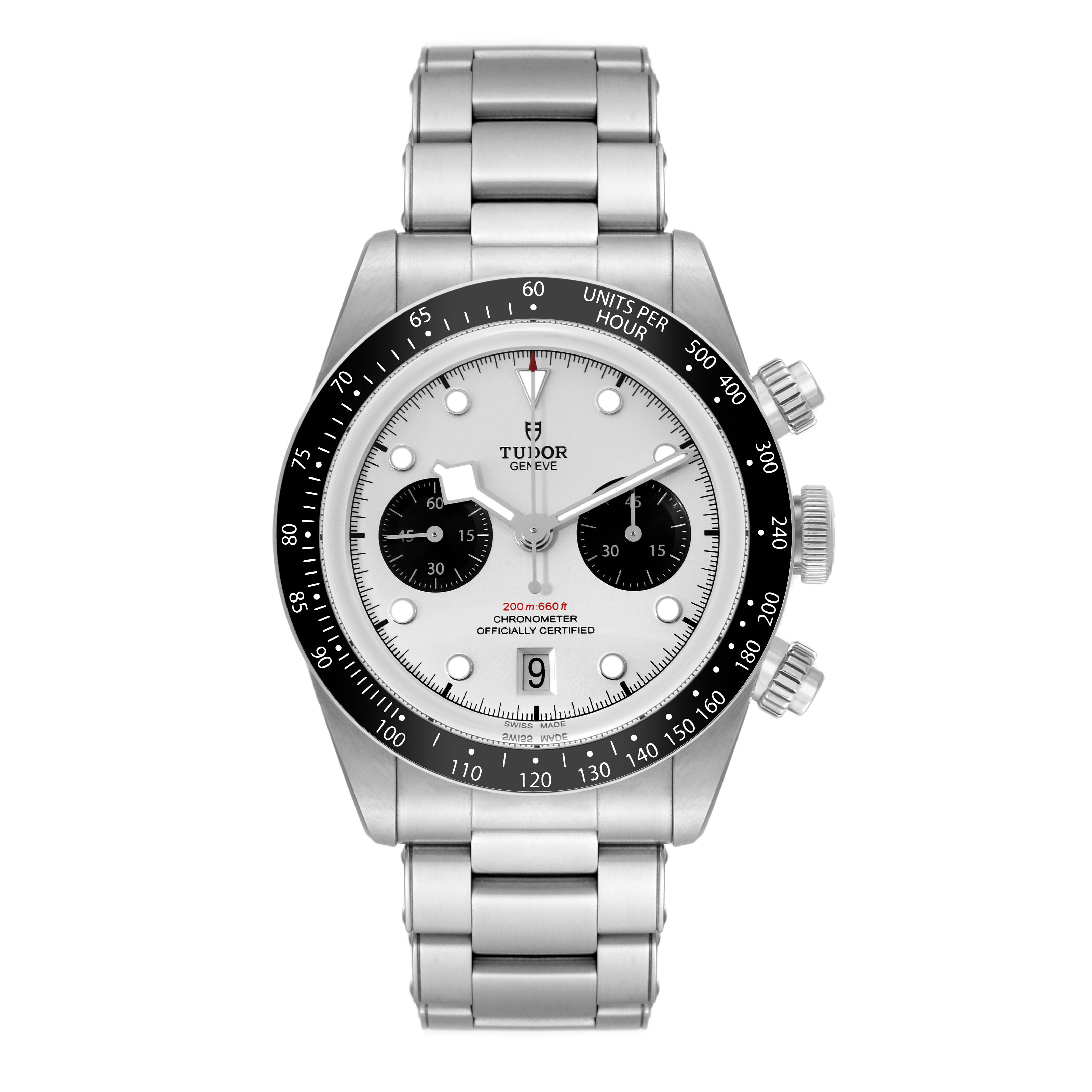 This is a front view of a Tudor Heritage Black Bay M79360N-0002 Men's Stainless Steel Silver Dial M79360N-0002 Men's Stainless Steel Silver Dial watch, showing its dial, bezel, buttons, and metal bracelet.