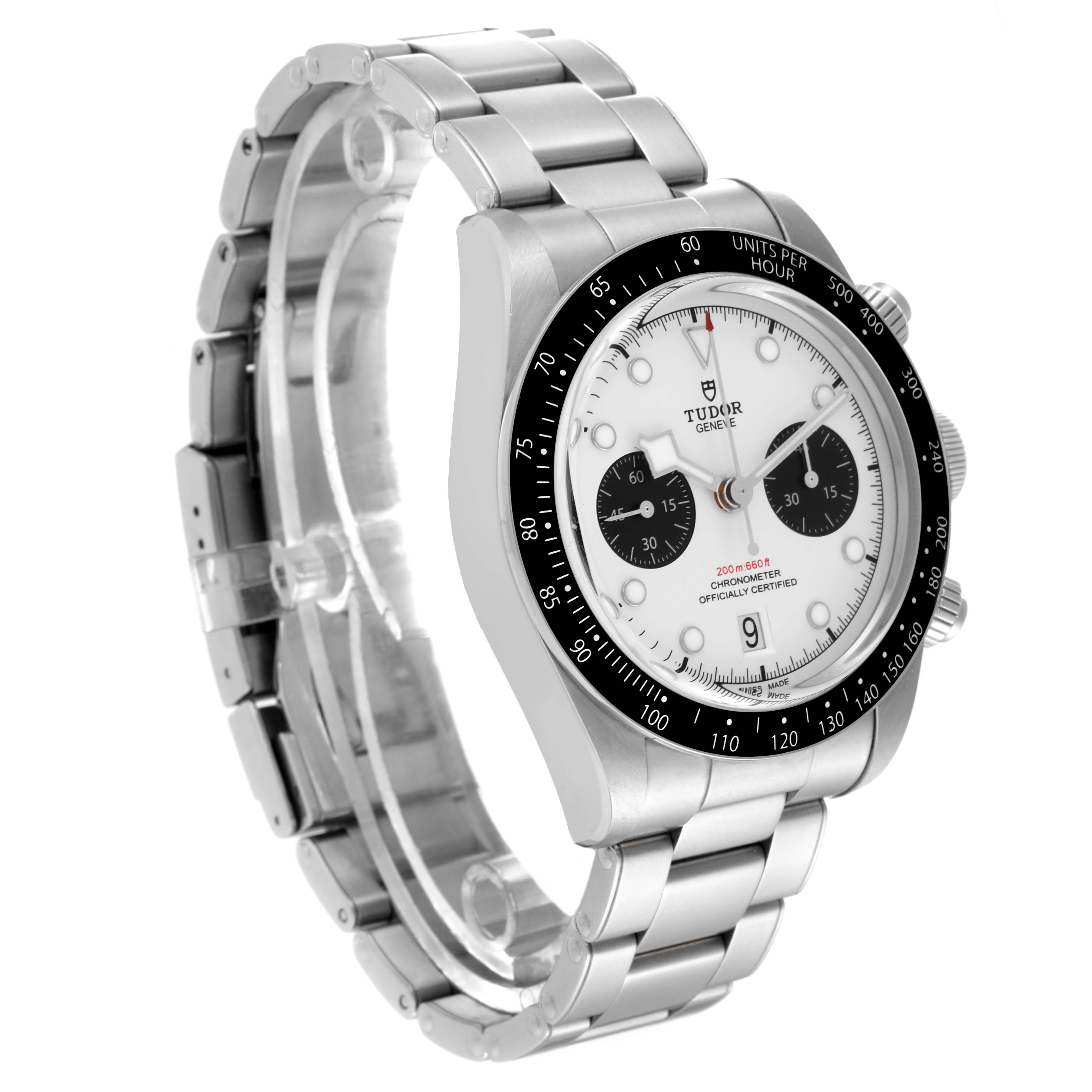 The Tudor Heritage Black Bay M79360N-0002 Men's Stainless Steel Silver Dial M79360N-0002 Men's Stainless Steel Silver Dial watch is shown at a slight side angle, displaying its dial, bezel, and metal bracelet.