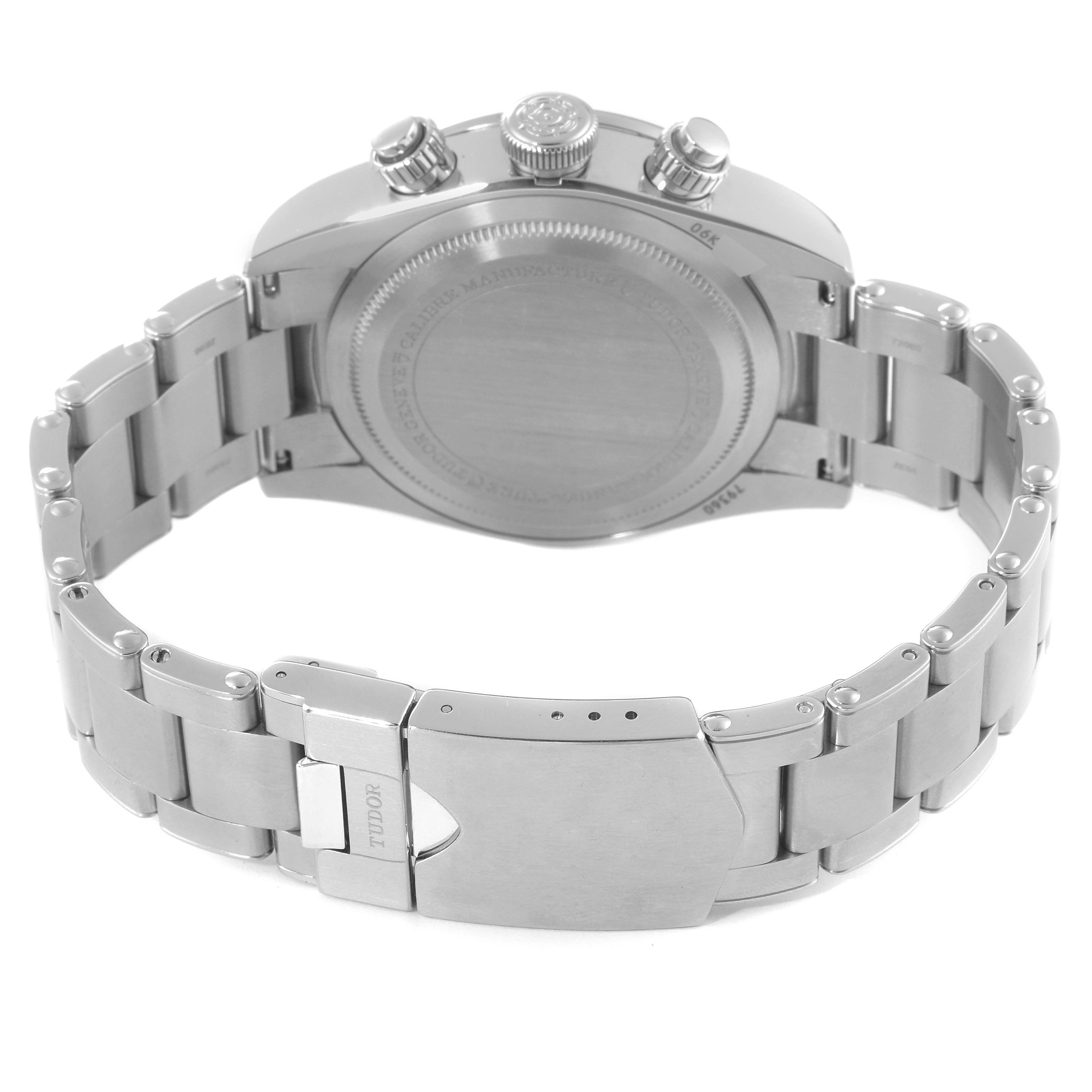 This image shows the back view of the Tudor Heritage Black Bay M79360N-0002 Men's Stainless Steel Silver Dial M79360N-0002 Men's Stainless Steel Silver Dial watch, highlighting its bracelet, clasp, and case back.