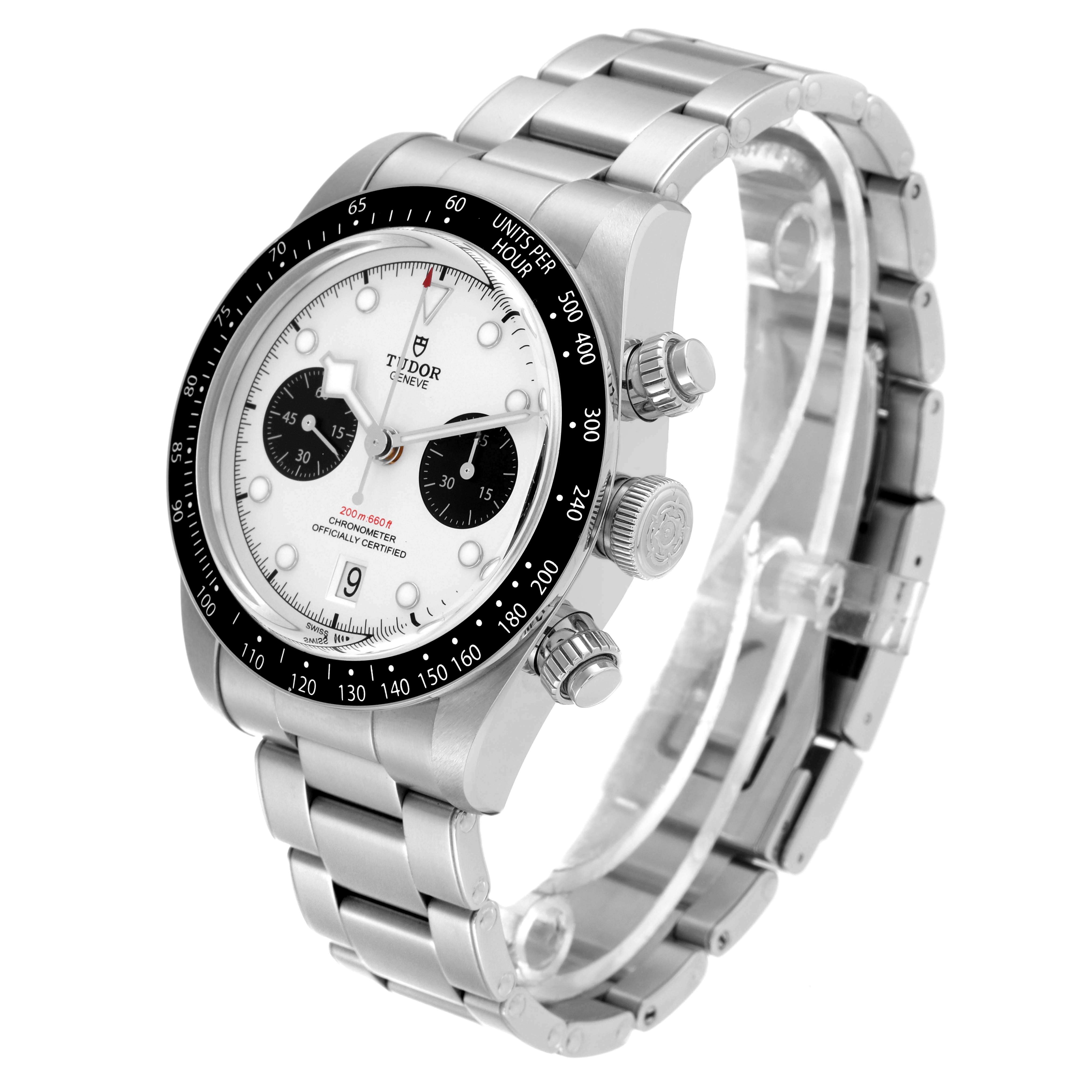 The image shows a side-angle view of the Tudor Heritage Black Bay M79360N-0002 Men's Stainless Steel Silver Dial M79360N-0002 Men's Stainless Steel Silver Dial watch, highlighting the face, bezel, crown, and bracelet.