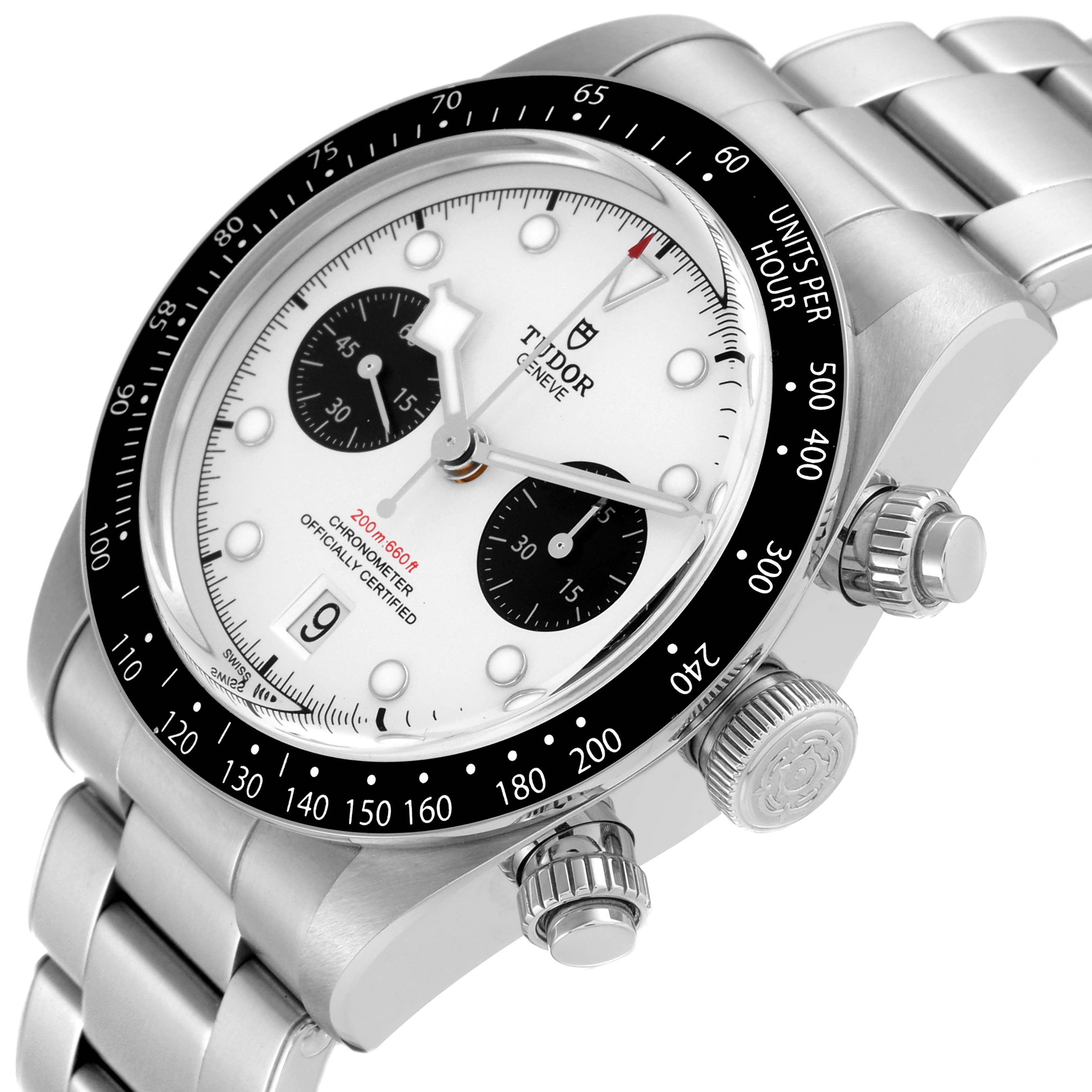 The image shows a close-up, angled view of the Tudor Heritage Black Bay M79360N-0002 Men's Stainless Steel Silver Dial M79360N-0002 Men's Stainless Steel Silver Dial watch, highlighting the face, bezel, and crown.