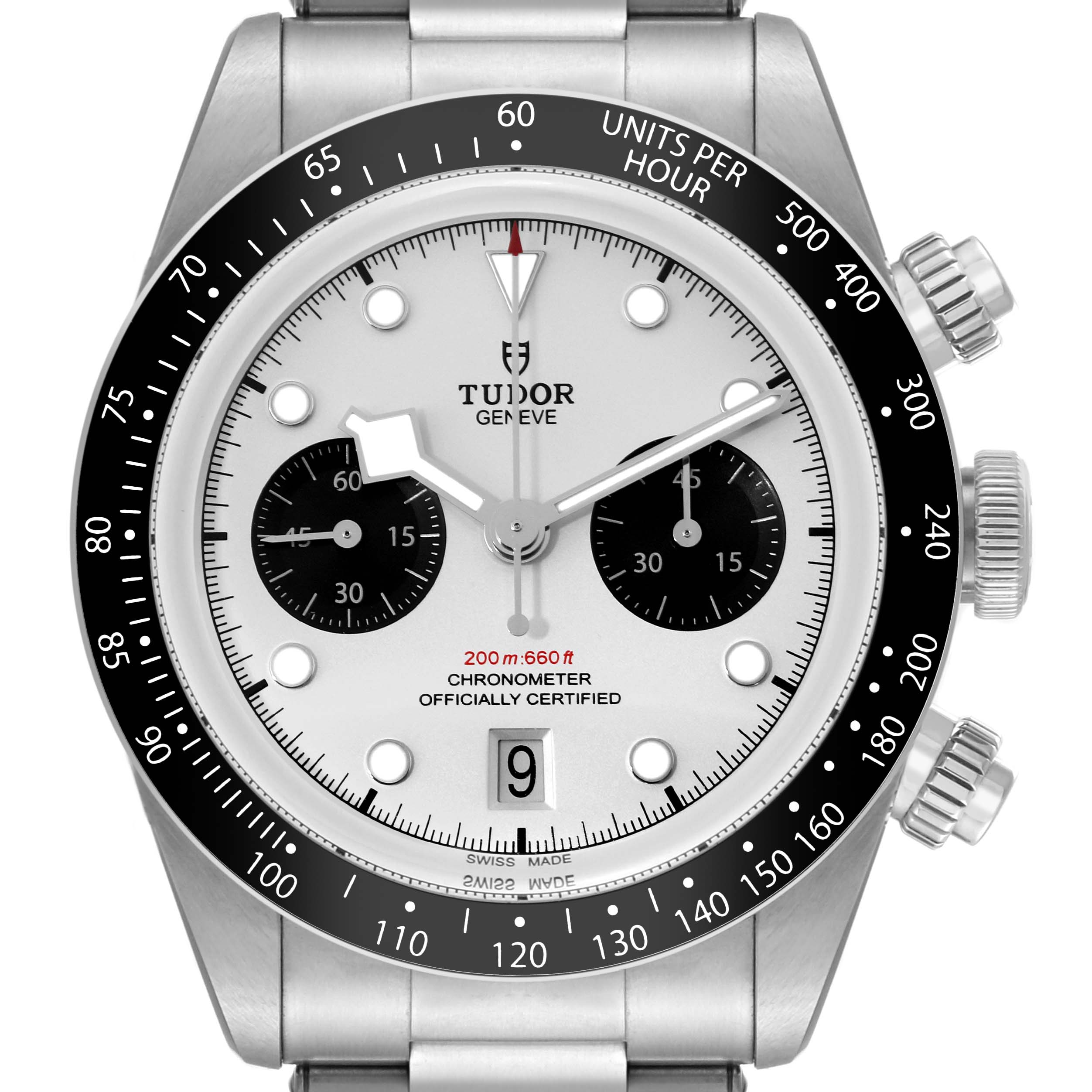 This image shows a front view of the Tudor Heritage Black Bay M79360N-0002 Men's Stainless Steel Silver Dial M79360N-0002 Men's Stainless Steel Silver Dial watch, highlighting its dial, bezel, and pushers.