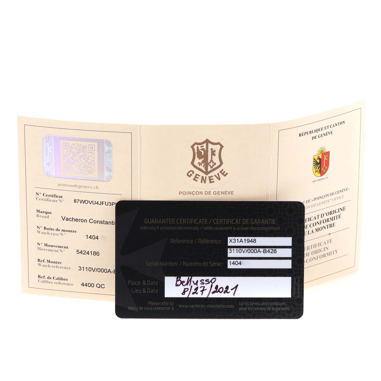 This image shows the warranty certificate and documentation for a Vacheron Constantin Historiques 3110V/000A-B426 Men's Stainless Steel Silver Dial 3110V/000A-B426 Men's Stainless Steel Silver Dial model watch.