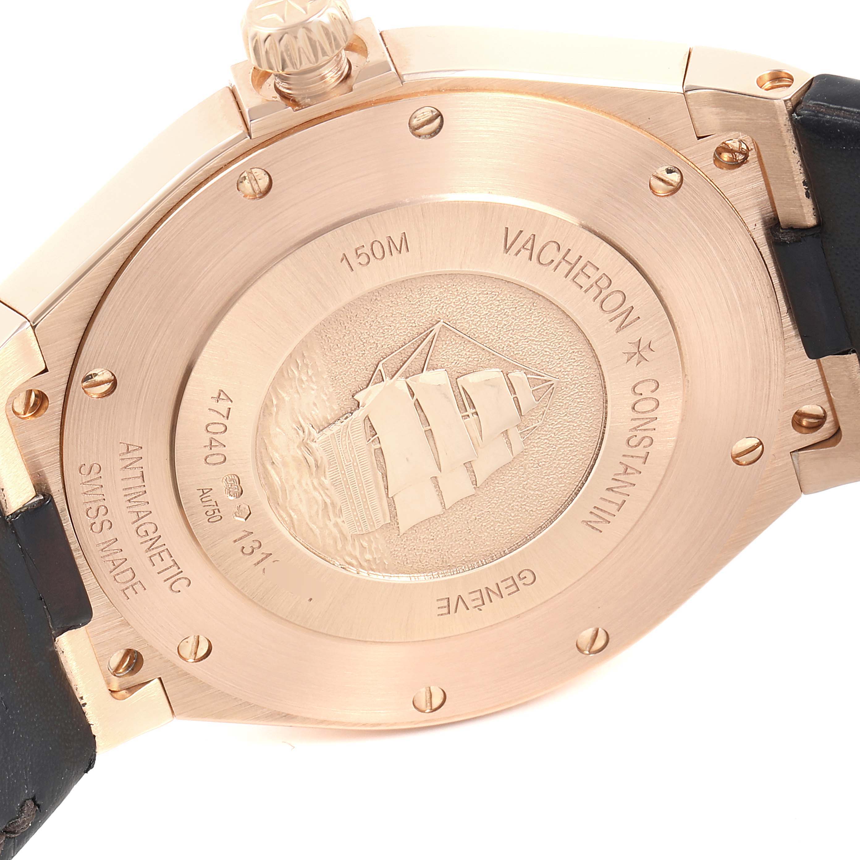 The image shows the back case and crown of the Vacheron Constantin Overseas 47040/000R-9666 Men's Rose Gold Black Dial 47040/000R-9666 Men's Rose Gold Black Dial watch.