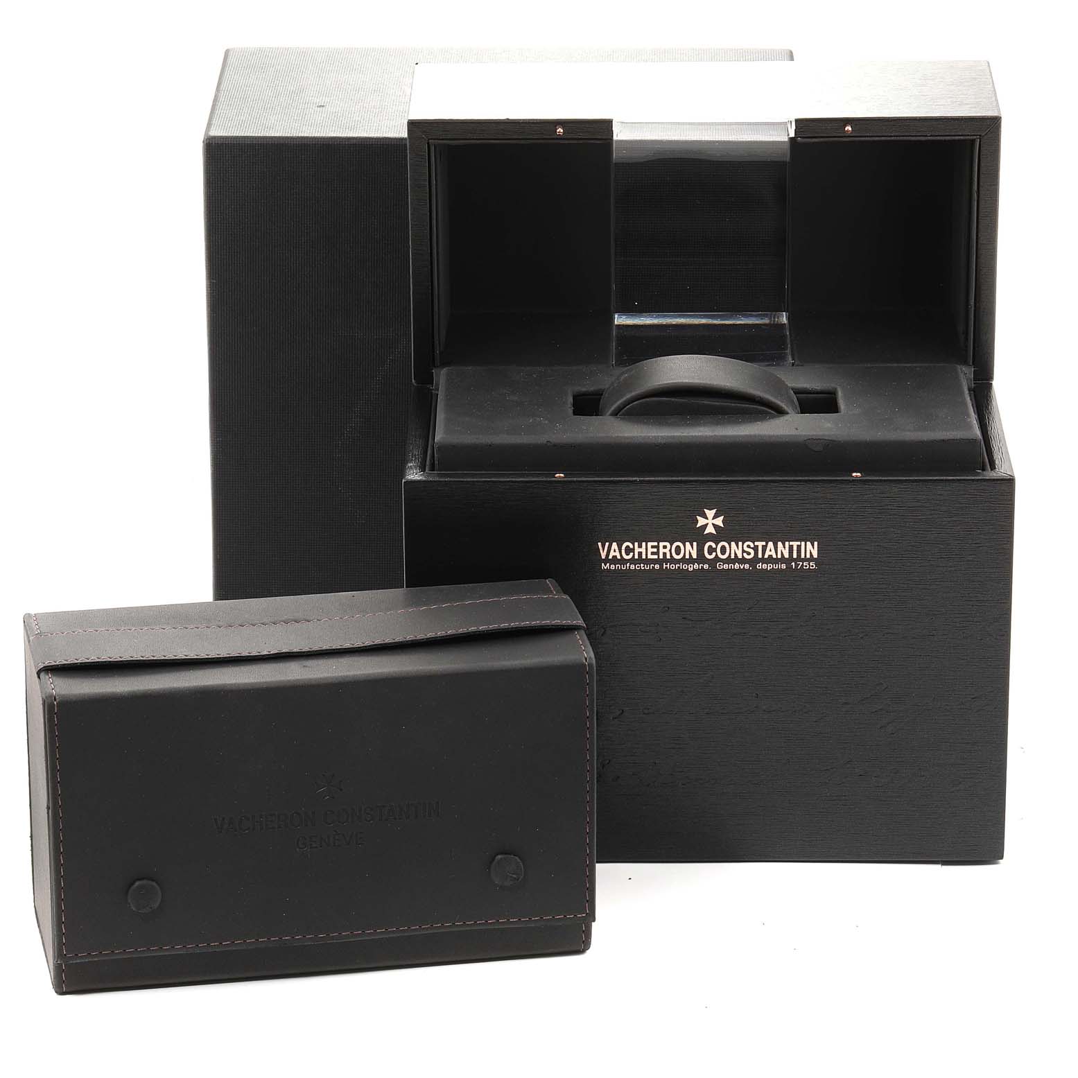 The image displays the packaging and leather case for the Vacheron Constantin Overseas 47040/000R-9666 Men's Rose Gold Black Dial 47040/000R-9666 Men's Rose Gold Black Dial model watch.
