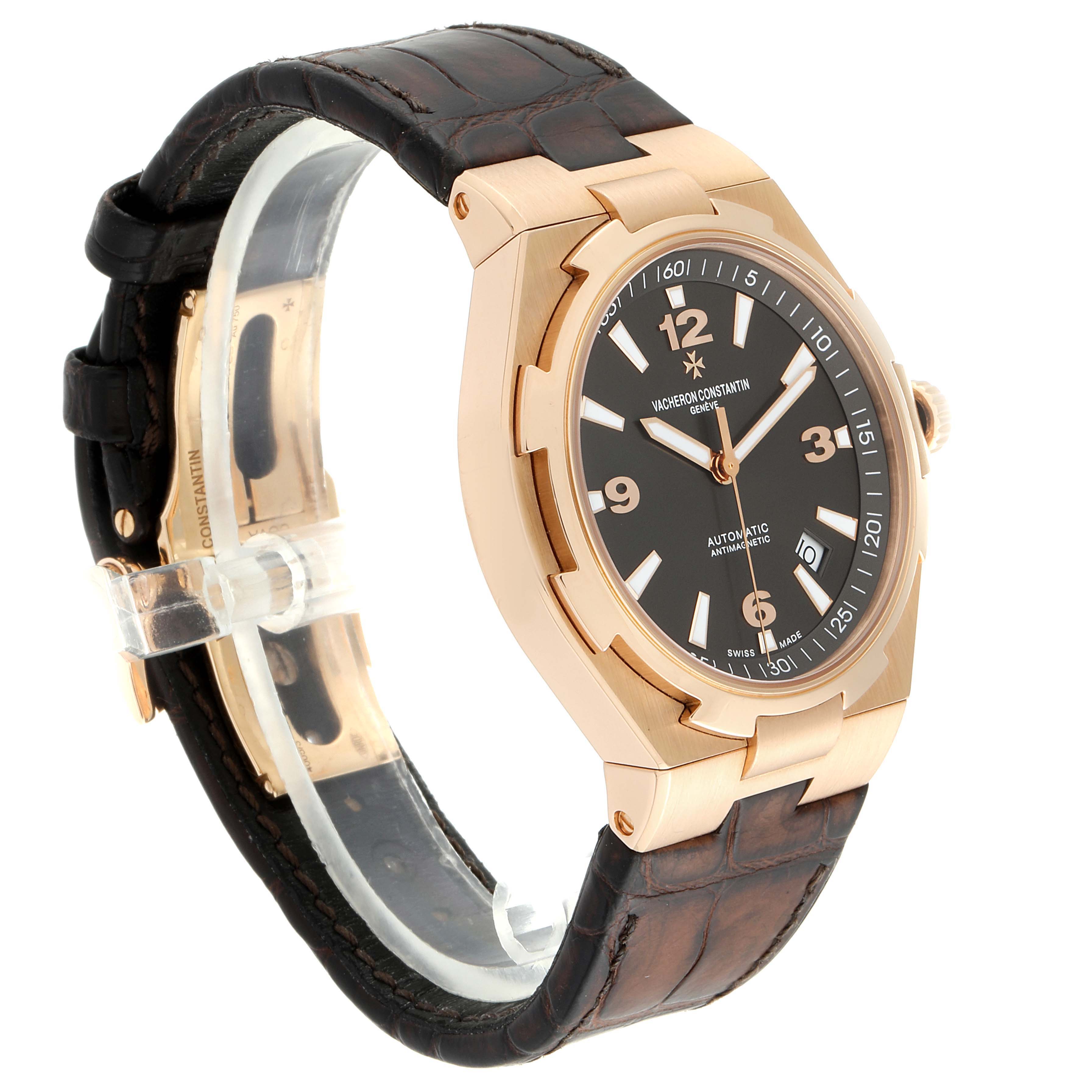 The image shows a Vacheron Constantin Overseas 47040/000R-9666 Men's Rose Gold Black Dial 47040/000R-9666 Men's Rose Gold Black Dial model watch at a side angle, highlighting the face, case, and leather strap.