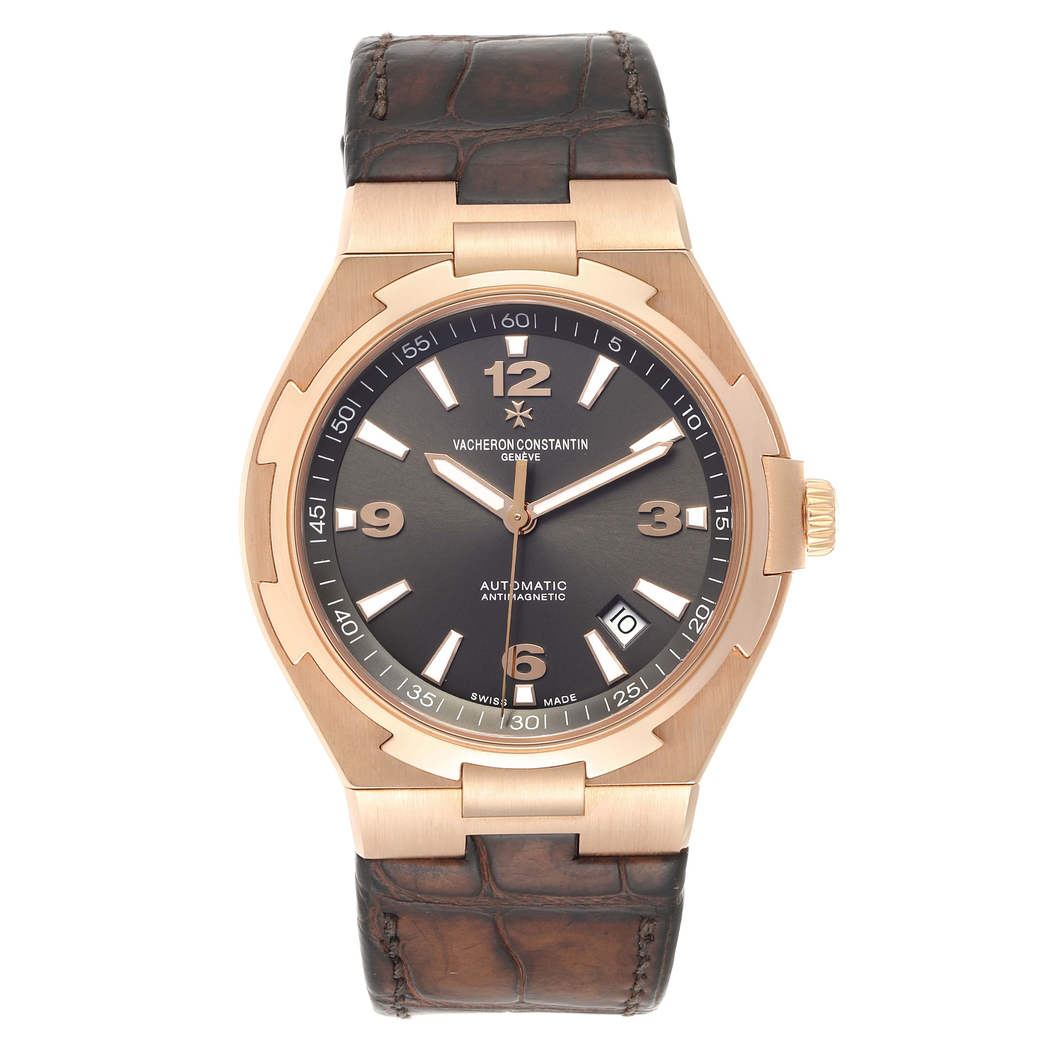 The Vacheron Constantin Overseas 47040/000R-9666 Men's Rose Gold Black Dial 47040/000R-9666 Men's Rose Gold Black Dial watch is shown from a front angle, displaying the face, dial, and leather strap.