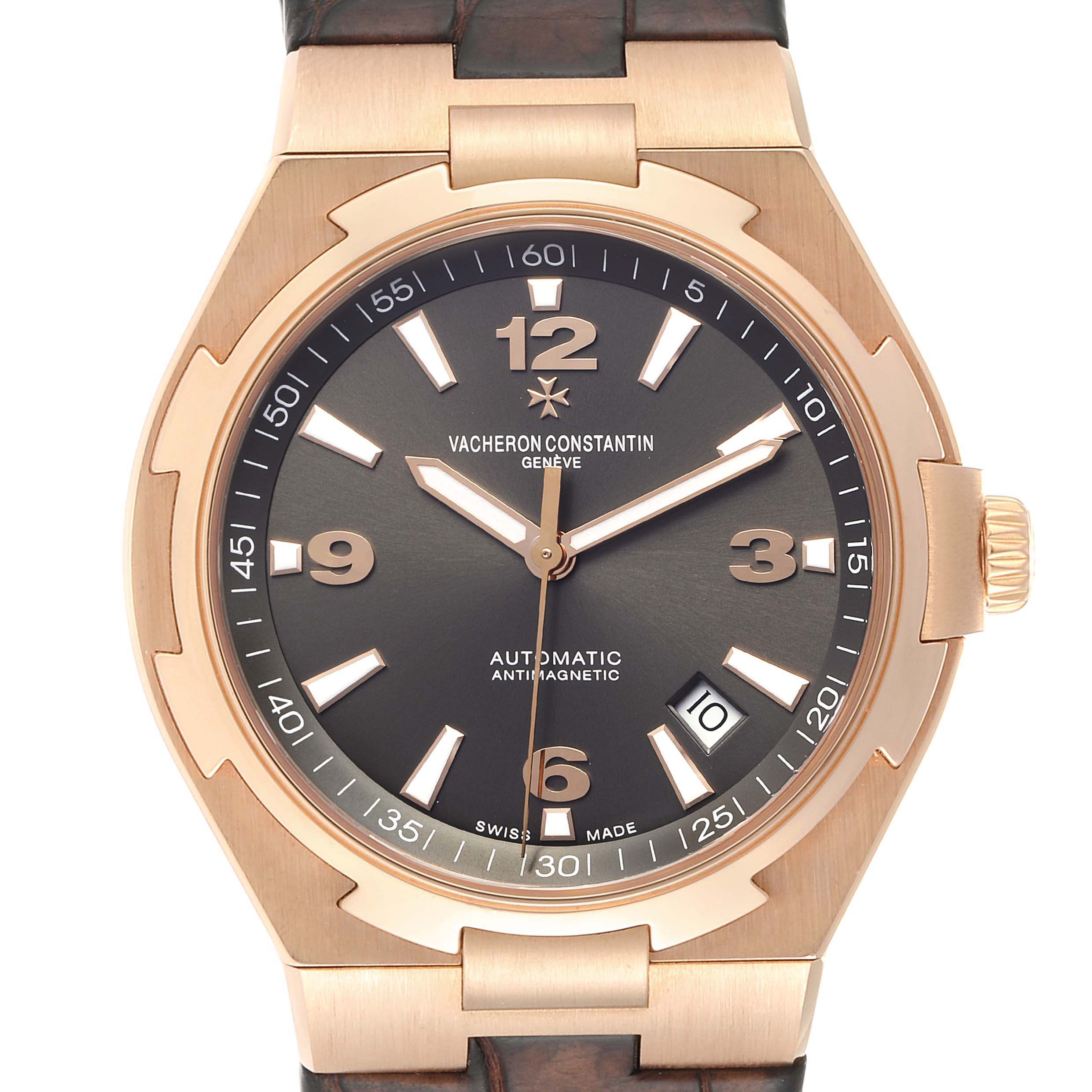 The image shows a front view of the Vacheron Constantin Overseas 47040/000R-9666 Men's Rose Gold Black Dial 47040/000R-9666 Men's Rose Gold Black Dial model watch, displaying its dial, case, crown, and part of the strap.