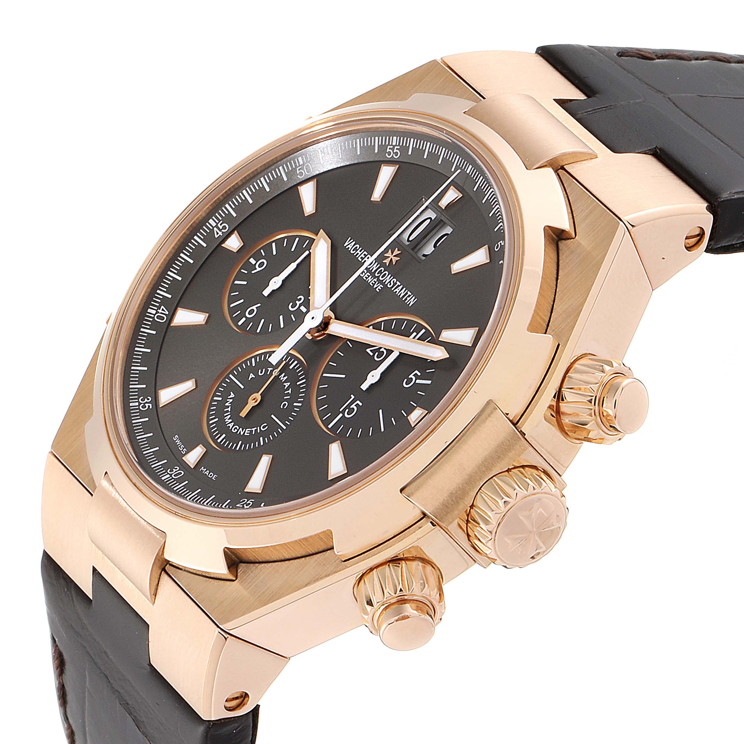 This Vacheron Constantin Overseas 49150/000R-9338 Men's Rose Gold Brown Dial 49150/000R-9338 Men's Rose Gold Brown Dial model watch is shown from a three-quarter angle, highlighting the dial, crown, and pushers.