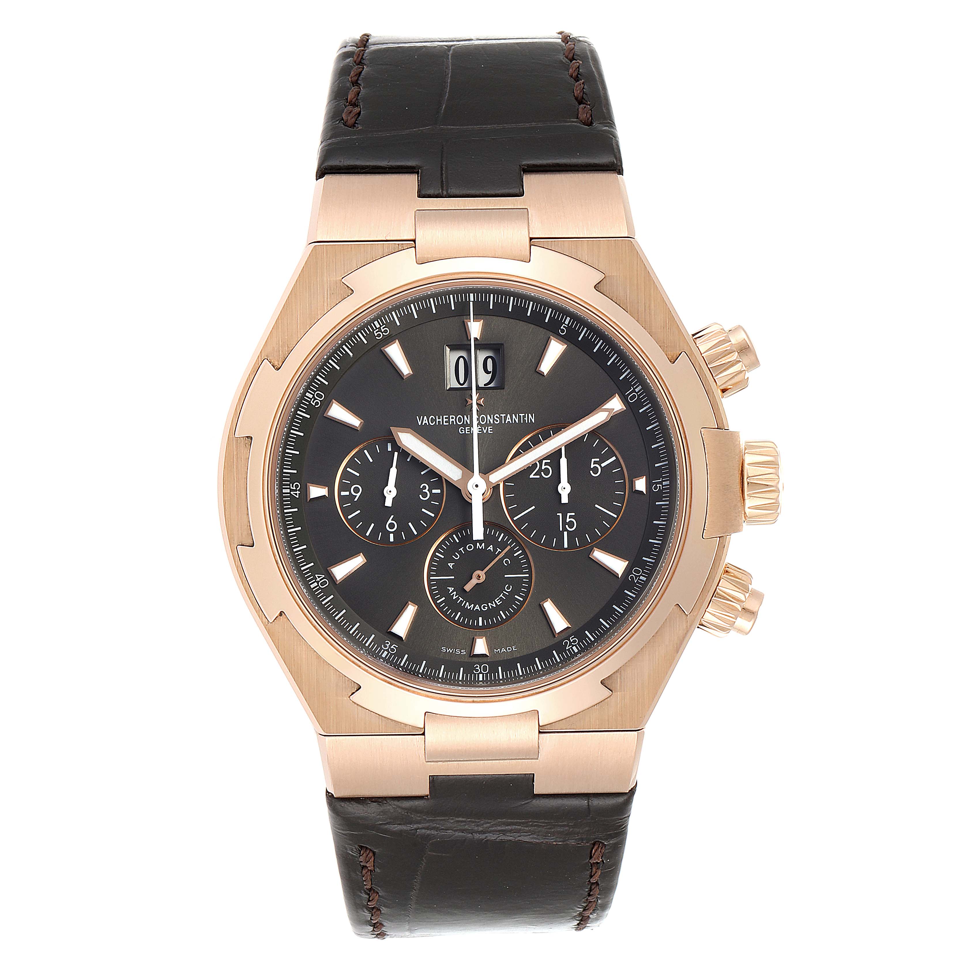 The image shows a front view of a Vacheron Constantin Overseas 49150/000R-9338 Men's Rose Gold Brown Dial 49150/000R-9338 Men's Rose Gold Brown Dial watch, highlighting the dial, case, and leather strap.