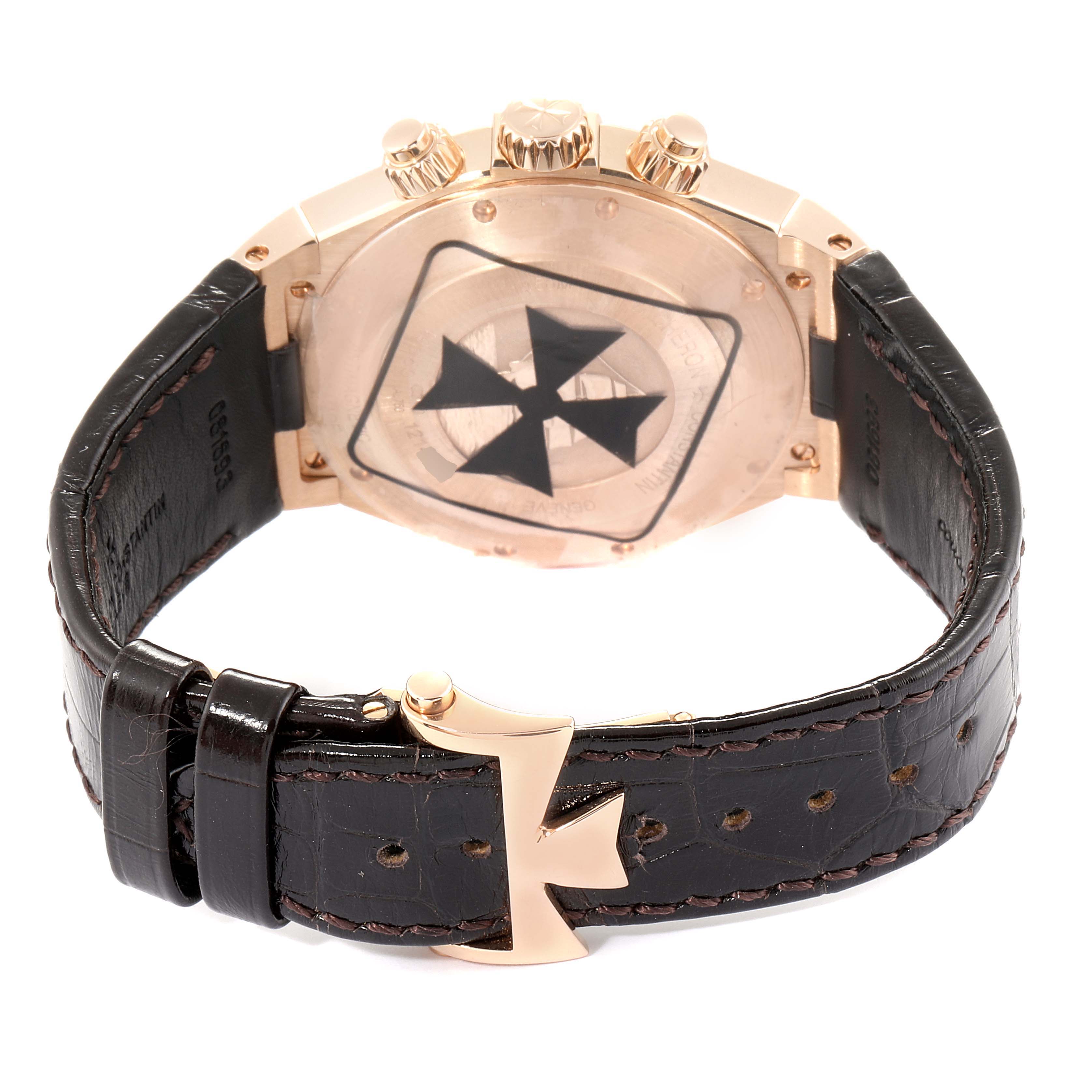 The image shows the back view of a Vacheron Constantin Overseas 49150/000R-9338 Men's Rose Gold Brown Dial 49150/000R-9338 Men's Rose Gold Brown Dial watch, highlighting its caseback, crown, and leather strap with deployment clasp.