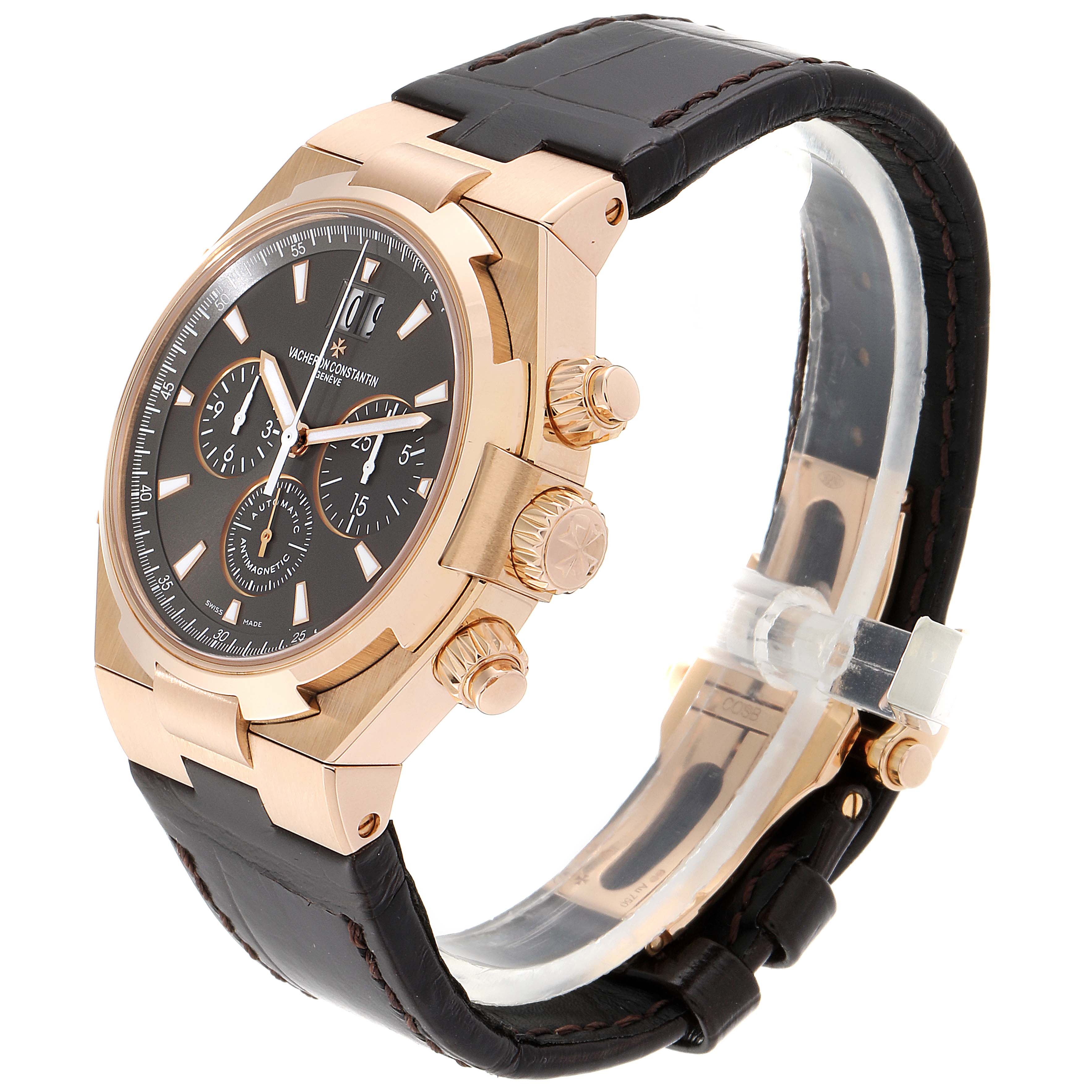 This image shows a Vacheron Constantin Overseas 49150/000R-9338 Men's Rose Gold Brown Dial 49150/000R-9338 Men's Rose Gold Brown Dial watch at a three-quarter front angle, highlighting the dial, case, crown, and strap.