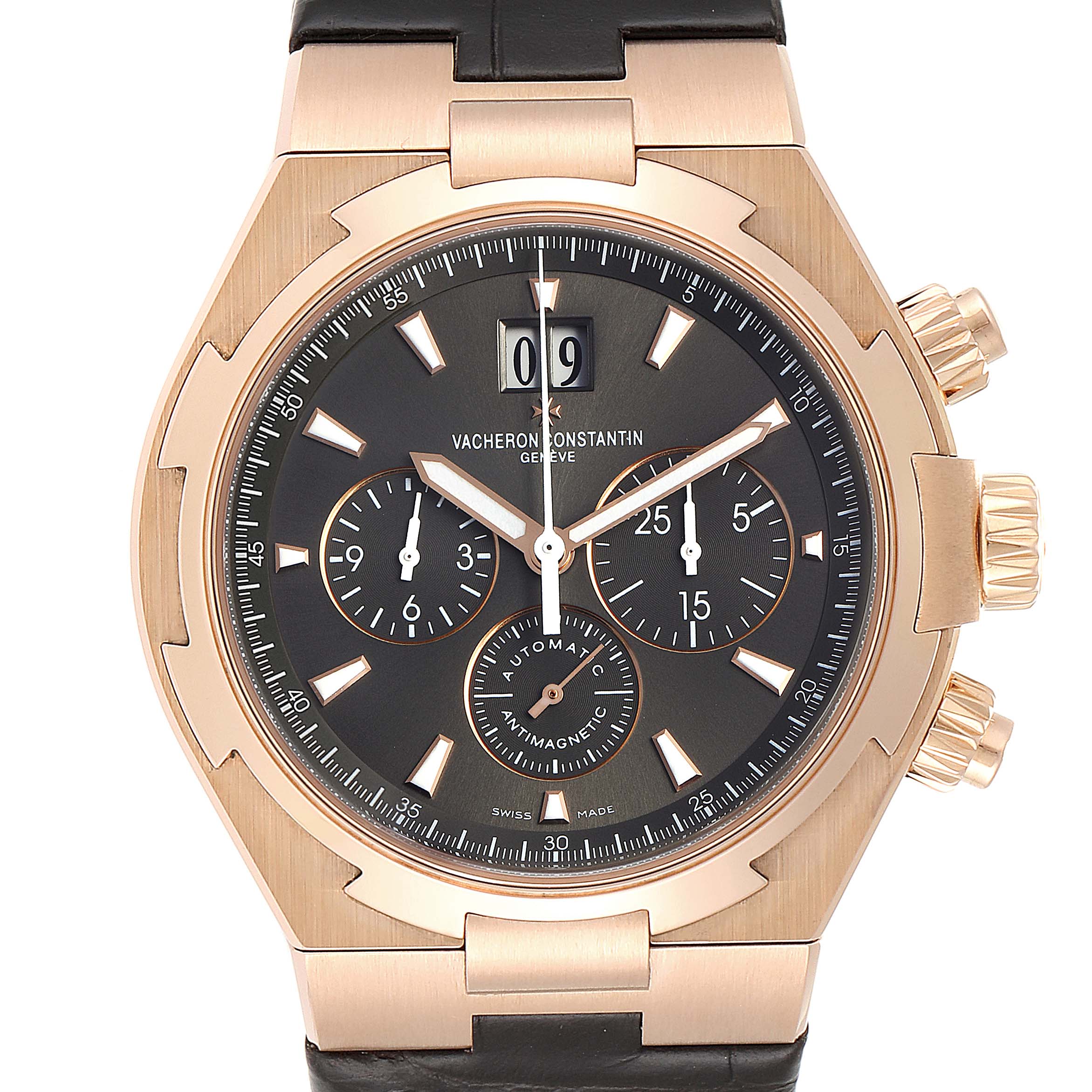 The image shows a front view of the Vacheron Constantin Overseas 49150/000R-9338 Men's Rose Gold Brown Dial 49150/000R-9338 Men's Rose Gold Brown Dial model, highlighting its black dial, chronograph subdials, and rose gold casing.