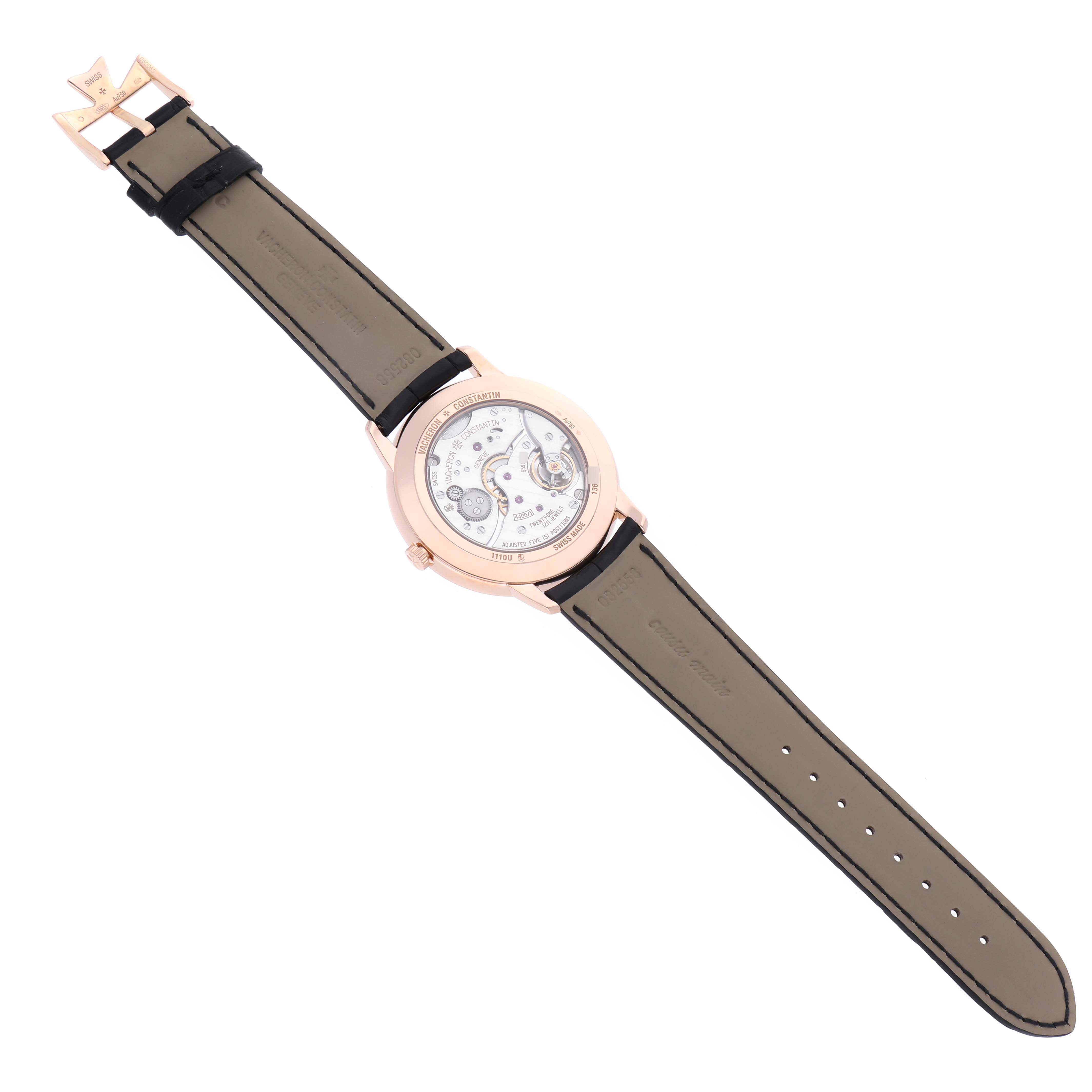 The image shows the back view of a Vacheron Constantin Patrimony 1110U/000R Men's Rose Gold Silver Dial 1110U/000R Men's Rose Gold Silver Dial watch with its mechanical movement visible and leather strap fully extended.