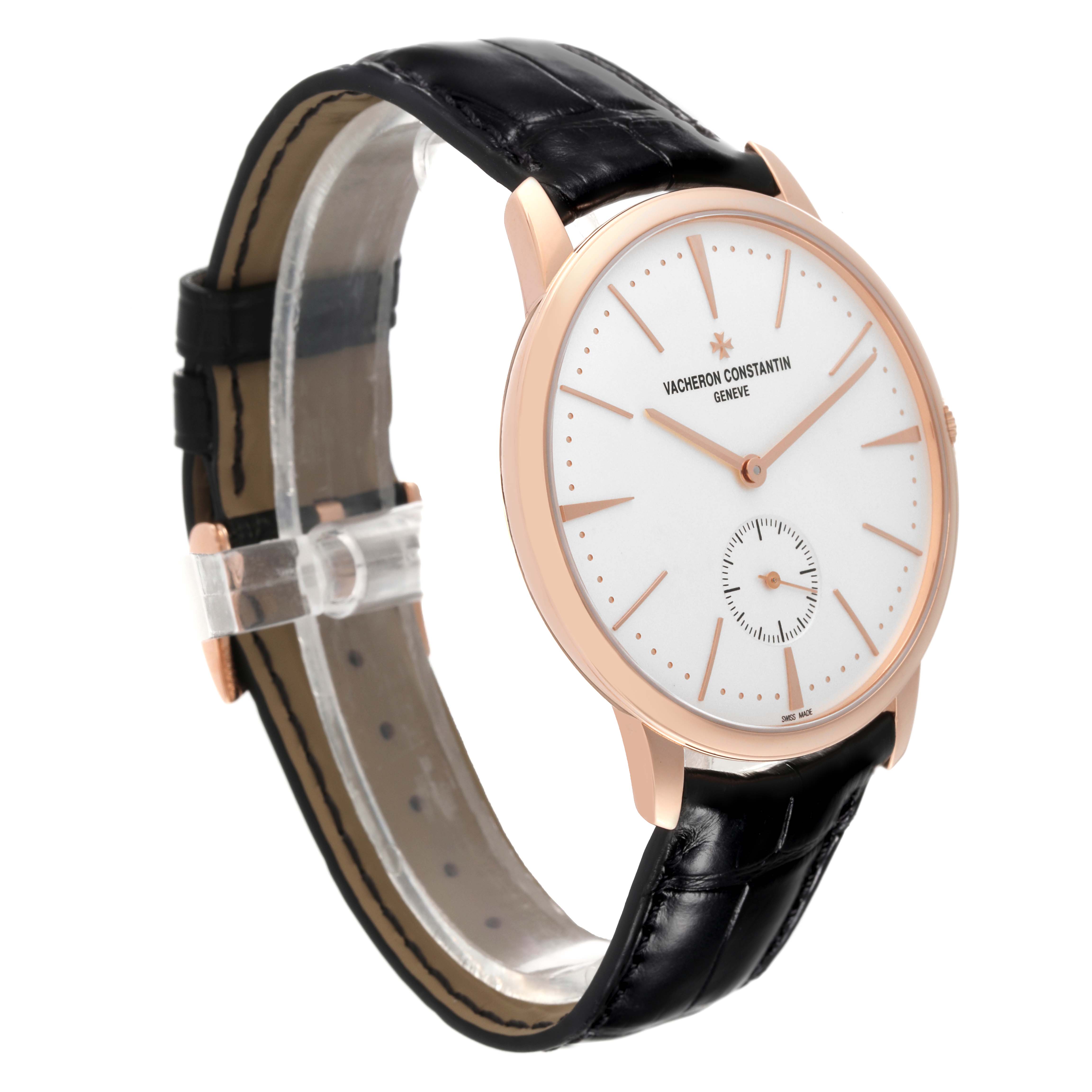 The image shows a Vacheron Constantin Patrimony 1110U/000R Men's Rose Gold Silver Dial 1110U/000R Men's Rose Gold Silver Dial watch at an oblique angle, displaying its face and leather strap.