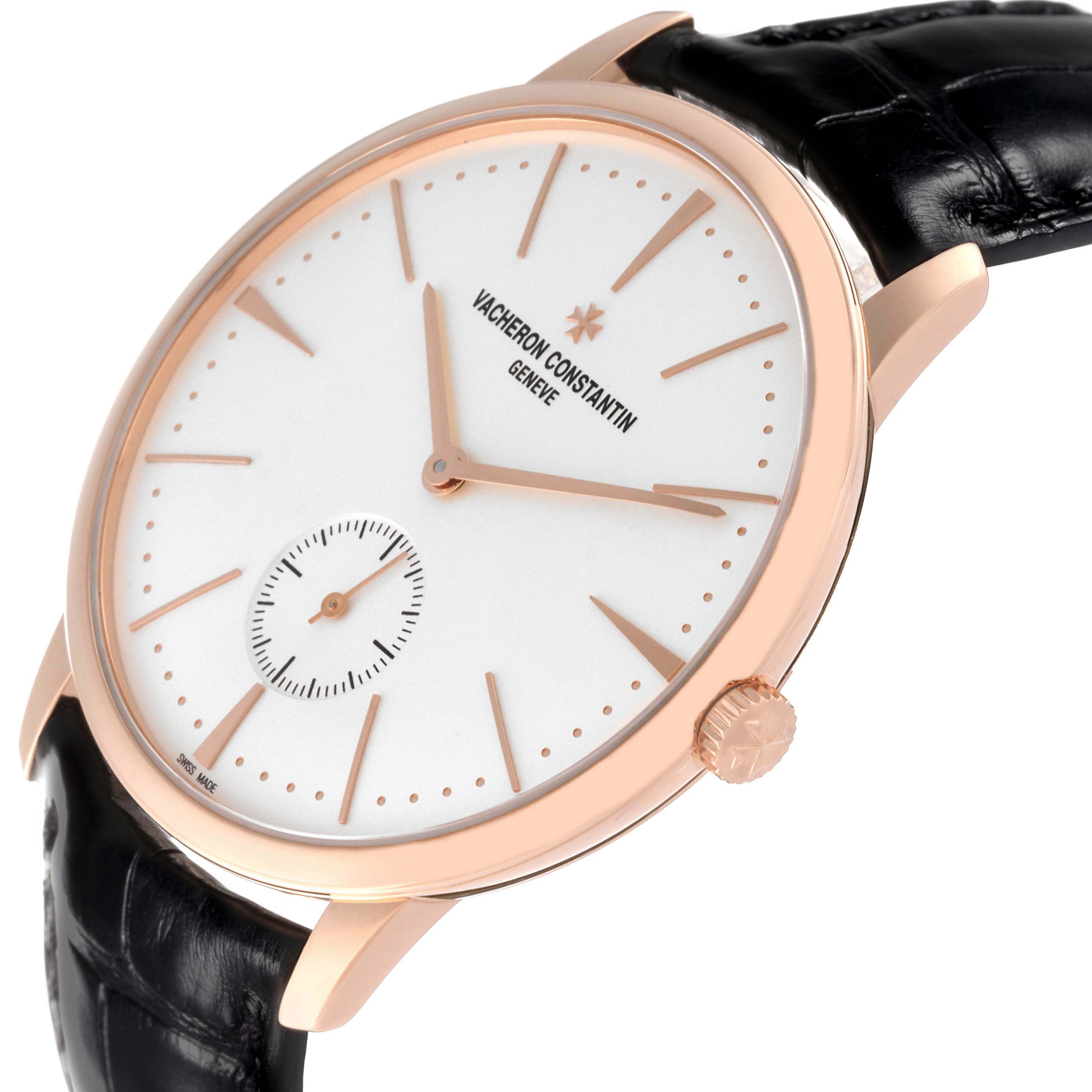 The image shows a Vacheron Constantin Patrimony 1110U/000R Men's Rose Gold Silver Dial 1110U/000R Men's Rose Gold Silver Dial watch at a slightly angled side view, displaying the face, crown, and part of the strap.