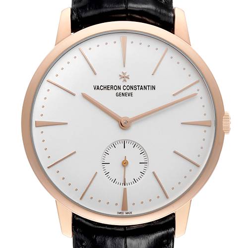 The image shows a front view of the Vacheron Constantin Patrimony watch, highlighting its dial, hands, and strap.