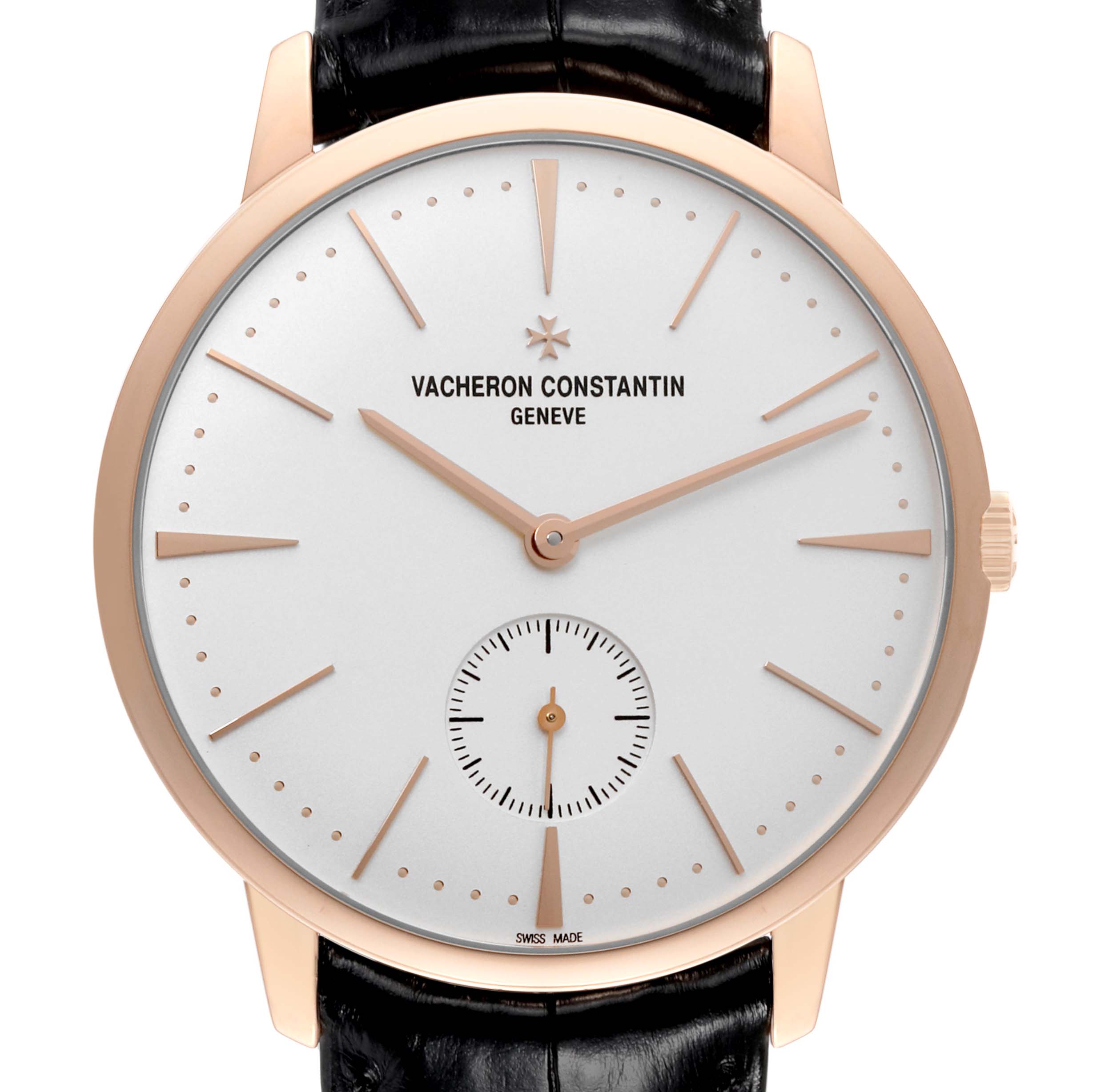 The image shows a front view of the Vacheron Constantin Patrimony 1110U/000R Men's Rose Gold Silver Dial 1110U/000R Men's Rose Gold Silver Dial watch, highlighting the dial, hands, markers, and strap.