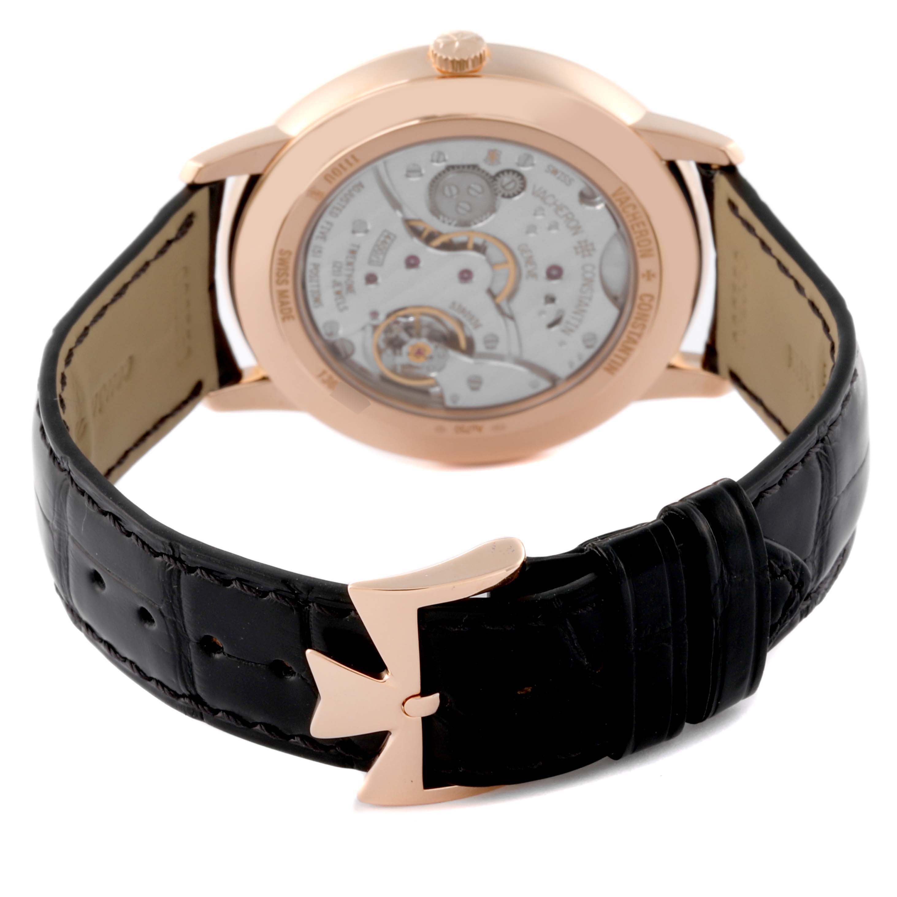 The image shows the case back and leather strap with a distinctive clasp of a Vacheron Constantin Patrimony 1110U/000R Men's Rose Gold Silver Dial 1110U/000R Men's Rose Gold Silver Dial watch.