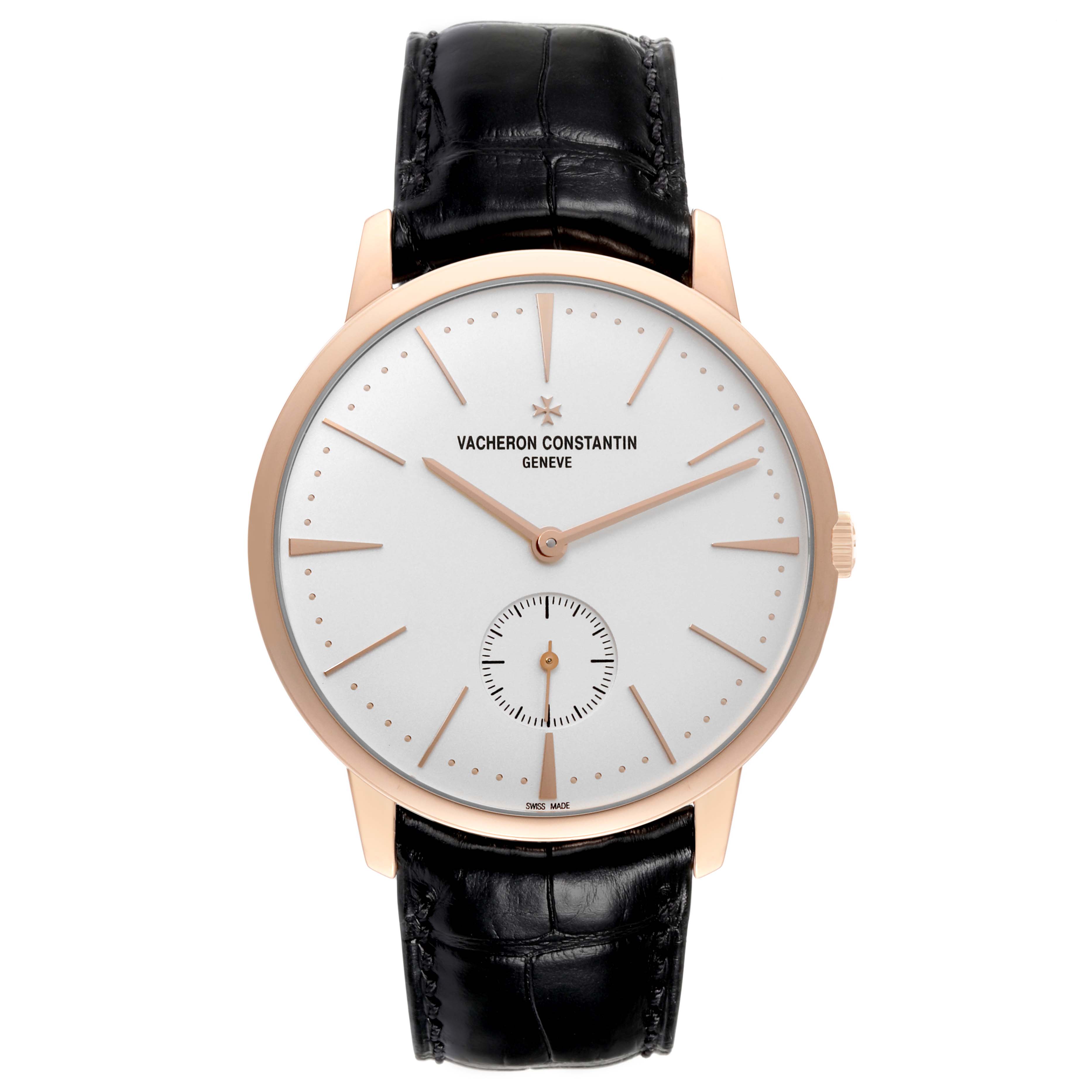 This image shows a front view of the Vacheron Constantin Patrimony 1110U/000R Men's Rose Gold Silver Dial 1110U/000R Men's Rose Gold Silver Dial watch, displaying the face, hands, and leather strap.