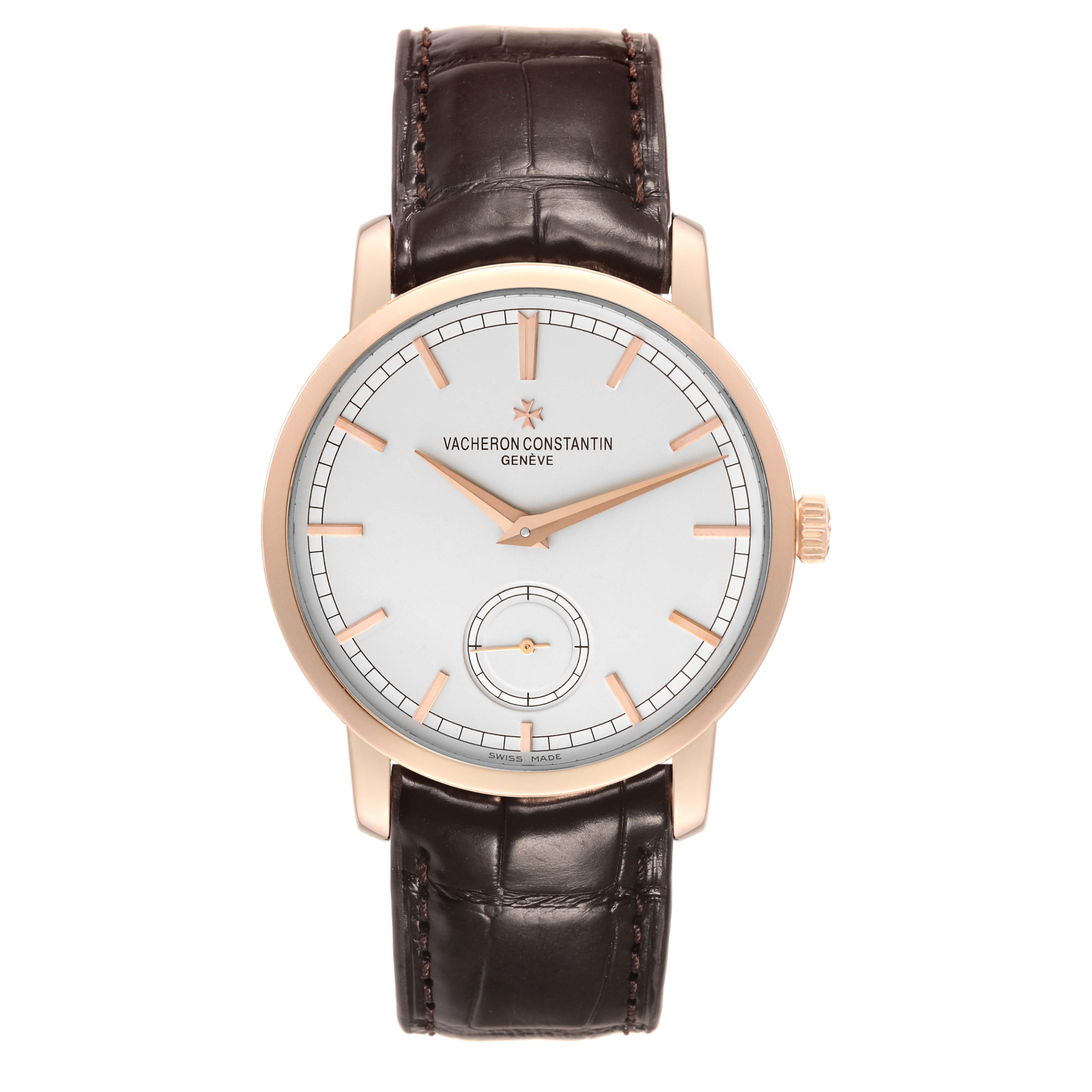 The Vacheron Constantin Traditionnelle 82172/000R-9382 Men's Rose Gold Silver Dial 82172/000R-9382 Men's Rose Gold Silver Dial watch is shown from a front angle, highlighting its face, dial, and leather strap.