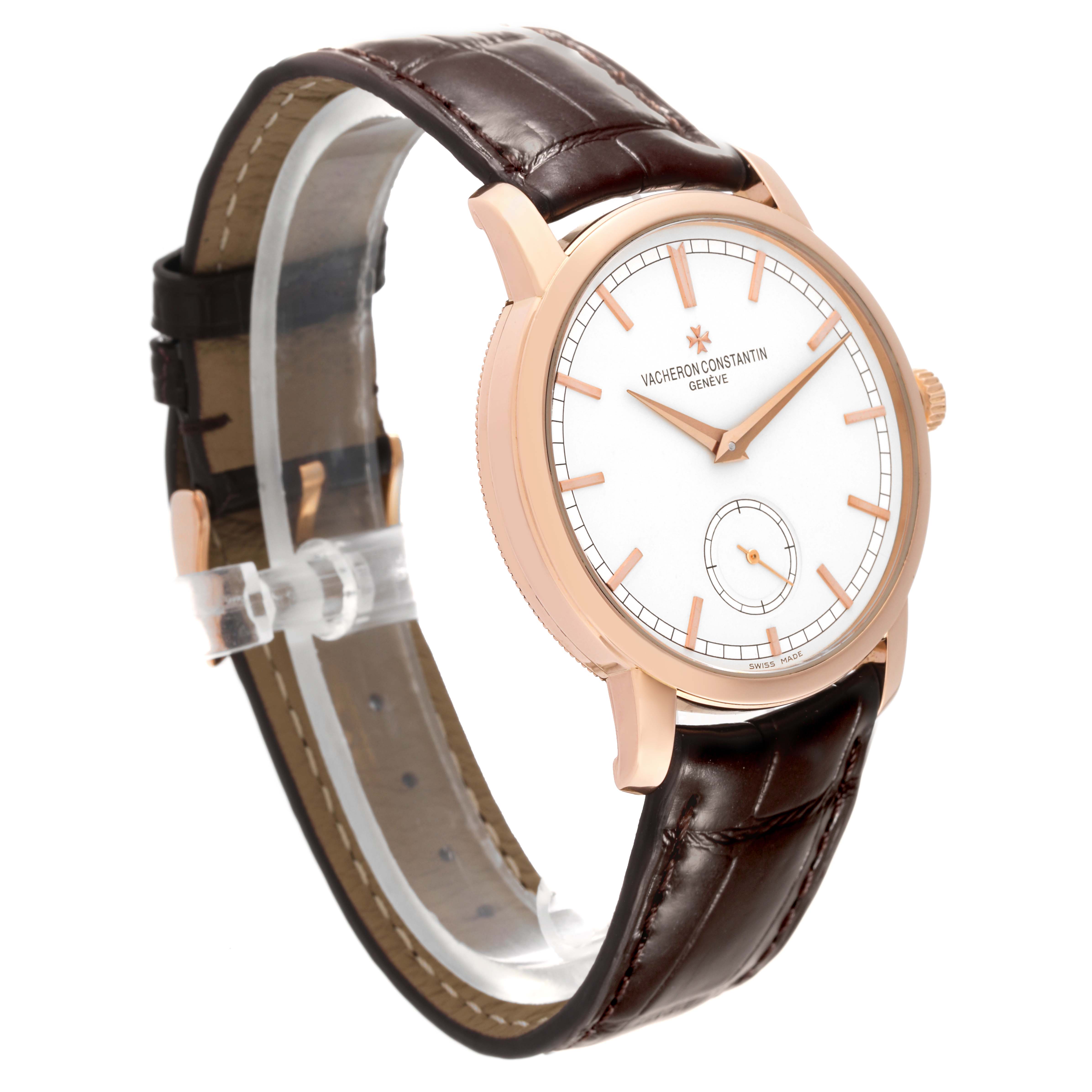 The image shows a Vacheron Constantin Traditionnelle 82172/000R-9382 Men's Rose Gold Silver Dial 82172/000R-9382 Men's Rose Gold Silver Dial watch at a slight angle, highlighting the face, case, dial, and strap.