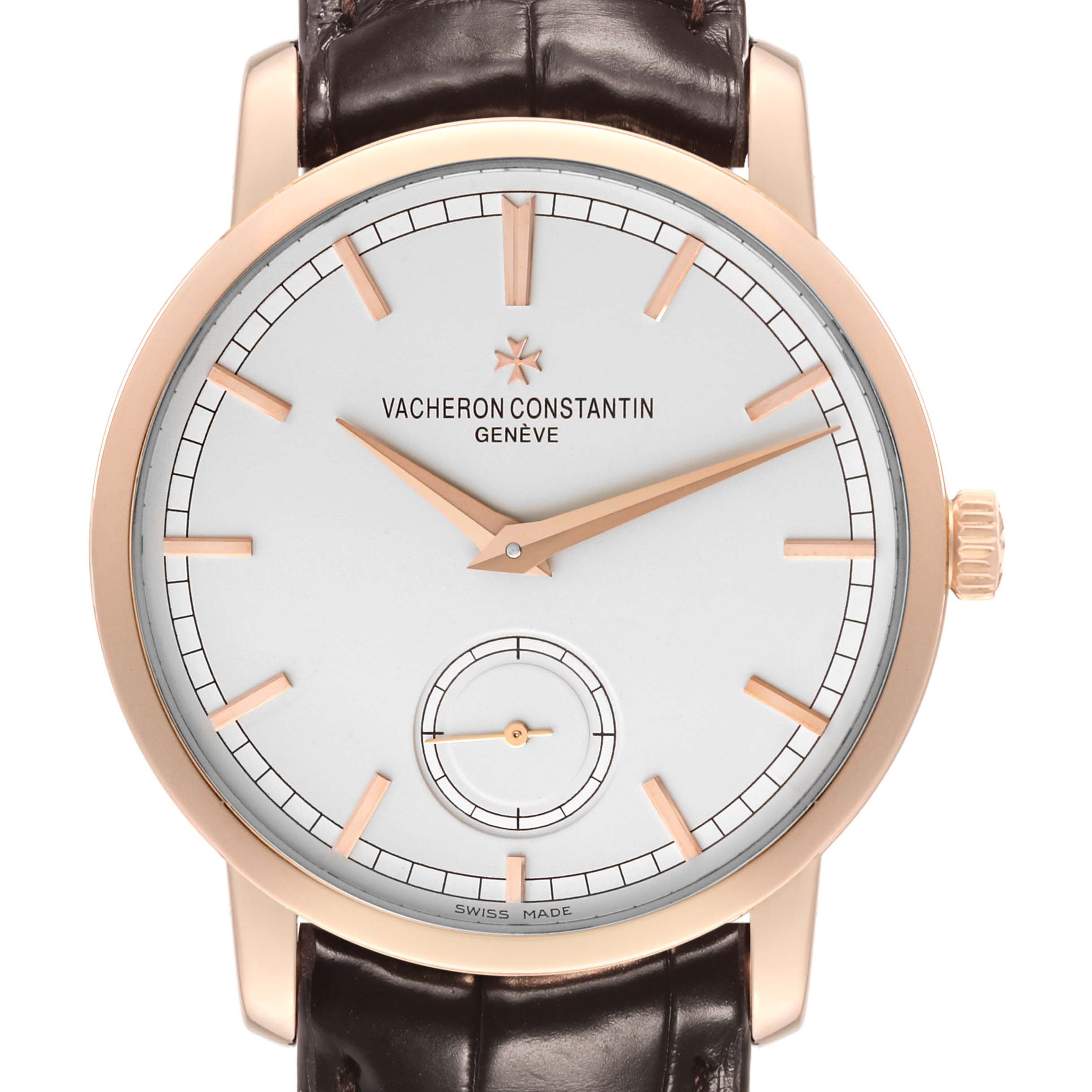 This Vacheron Constantin Traditionnelle 82172/000R-9382 Men's Rose Gold Silver Dial 82172/000R-9382 Men's Rose Gold Silver Dial model watch is shown from the front, highlighting the dial, crown, and part of the strap.