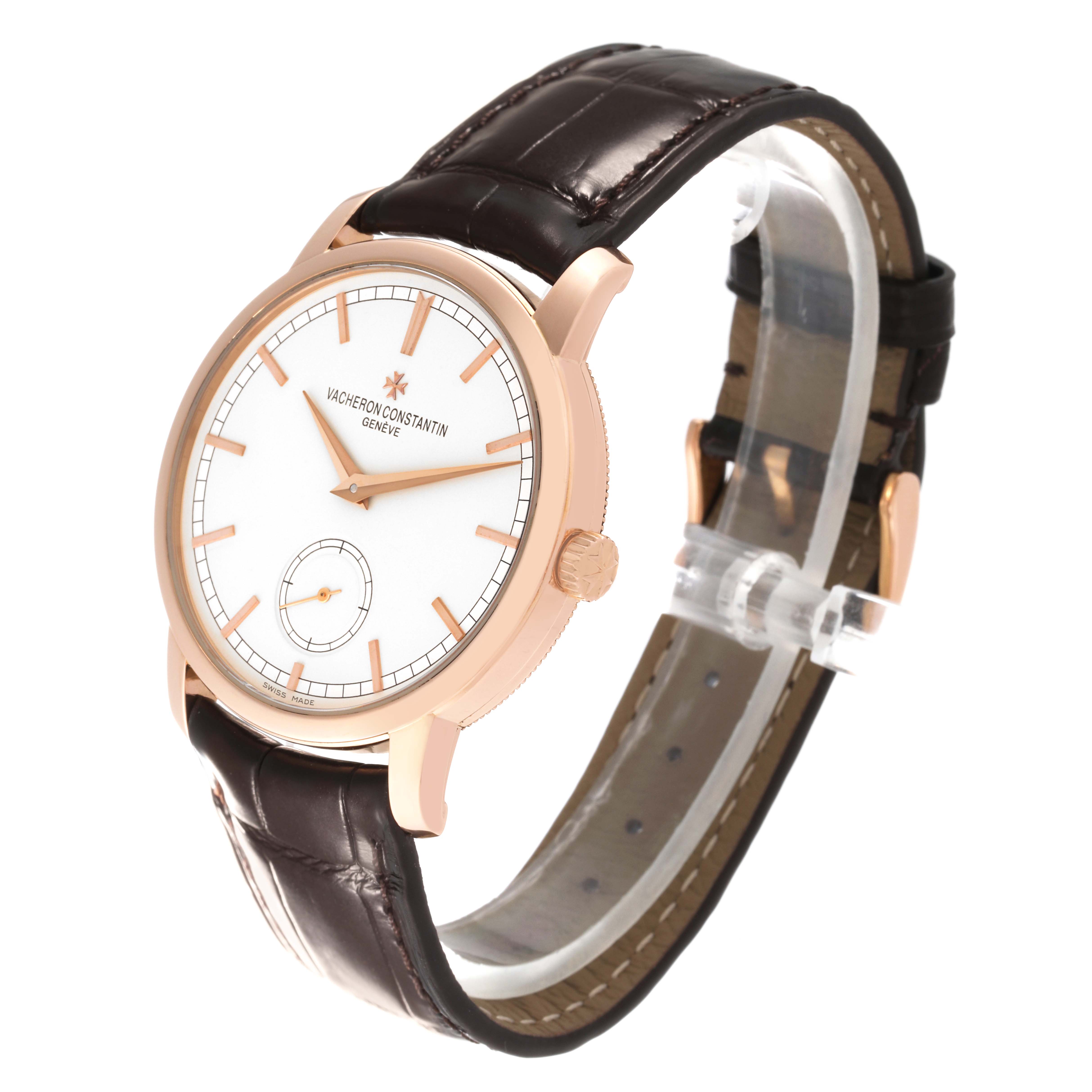 The Vacheron Constantin Traditionnelle 82172/000R-9382 Men's Rose Gold Silver Dial 82172/000R-9382 Men's Rose Gold Silver Dial watch is shown at an angled side view, highlighting its face, crown, and leather strap.