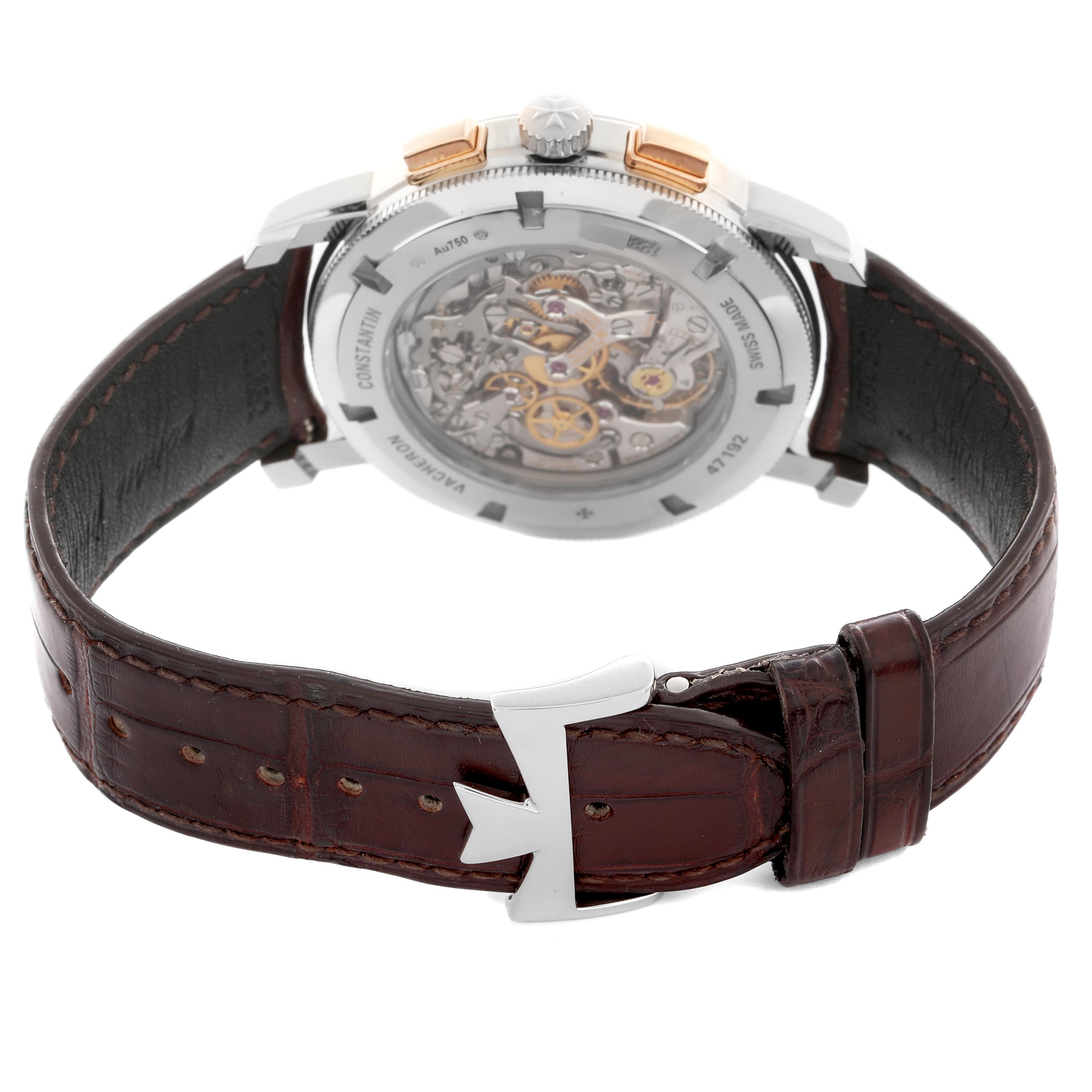 The Vacheron Constantin Traditionnelle 47192/000B-9828 Men's White Gold Silver Dial watch is shown from the back, showcasing its transparent case back and leather strap.