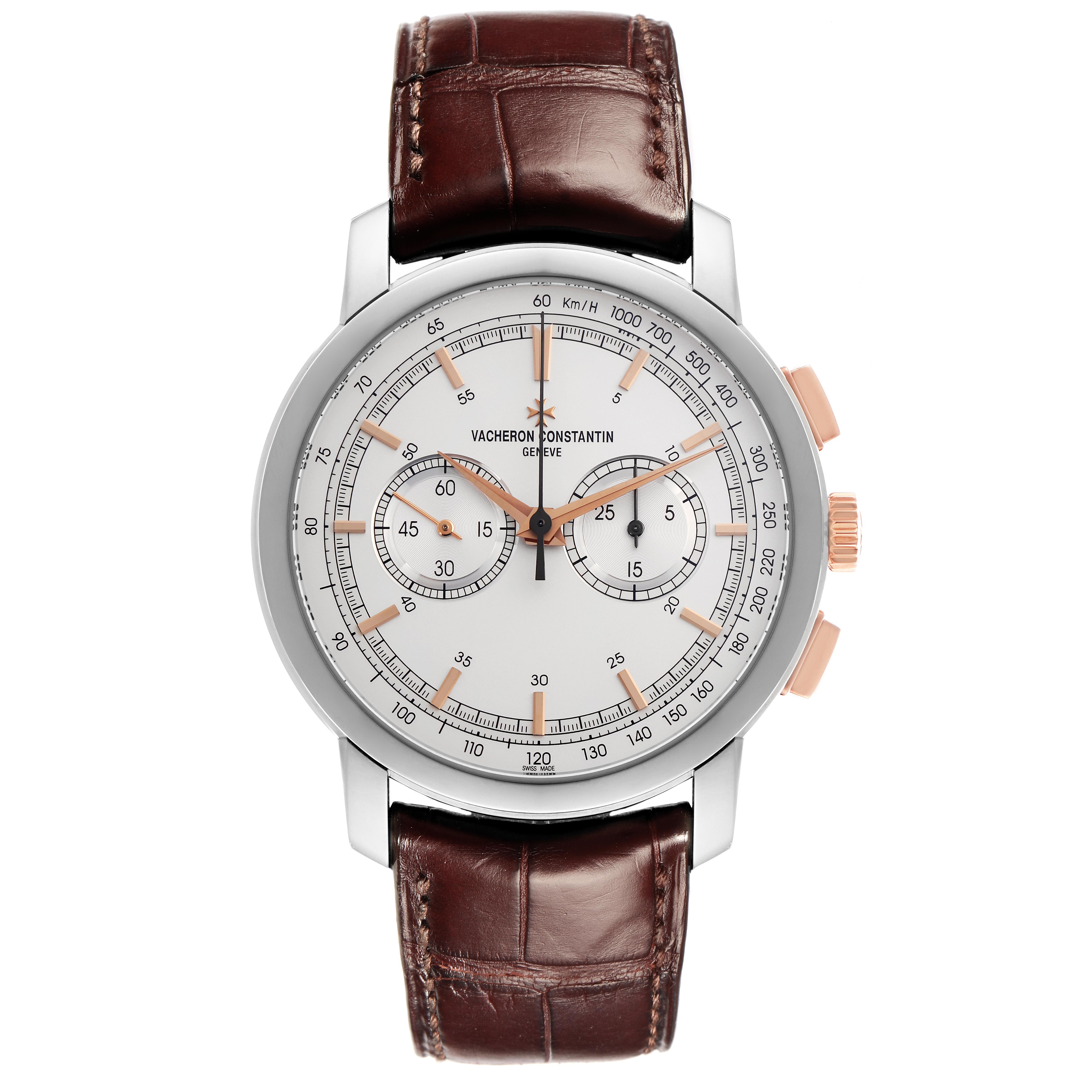 The Vacheron Constantin Traditionnelle 47192/000B-9828 Men's White Gold Silver Dial watch is shown from a front view, highlighting the face, dials, and leather strap.