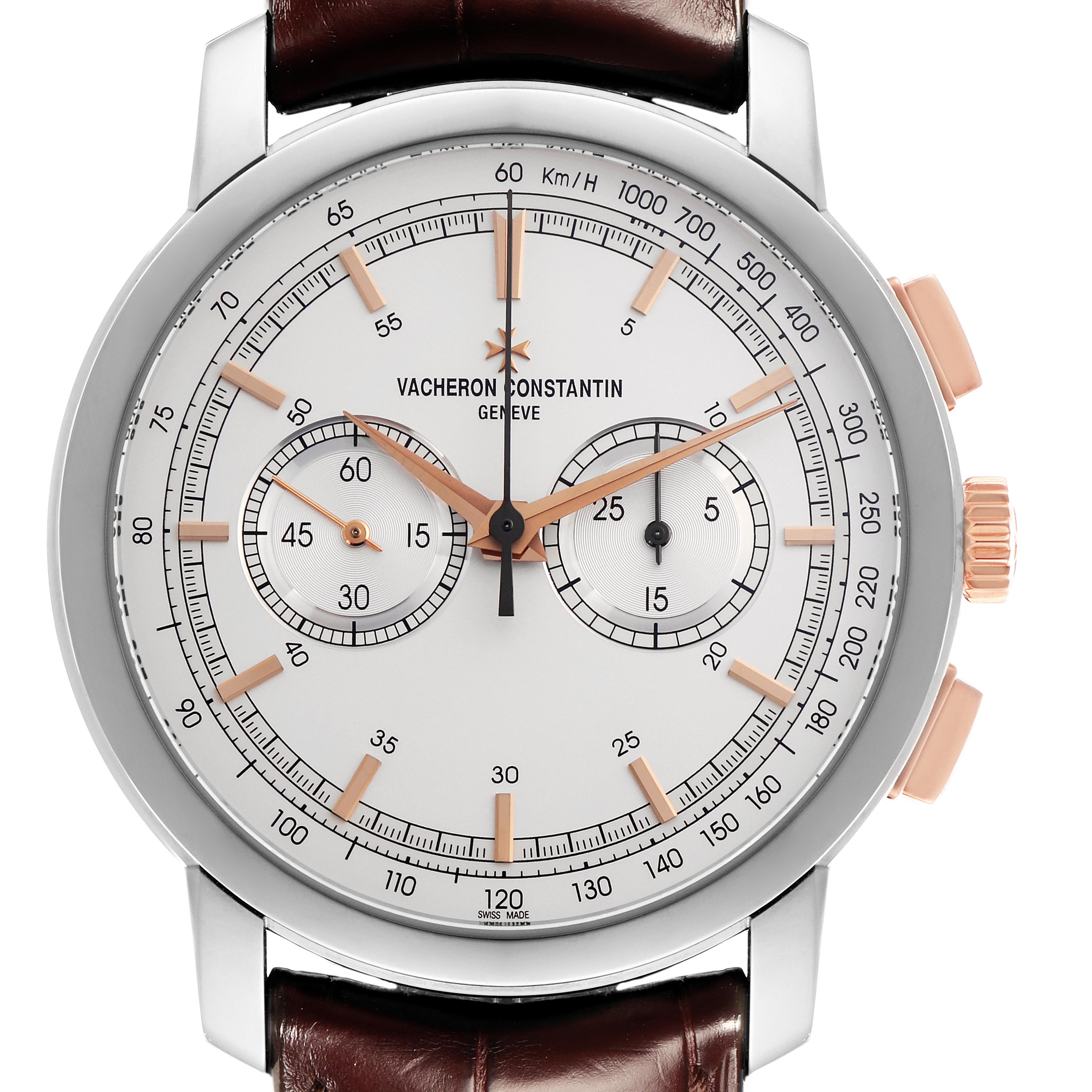 The Vacheron Constantin Traditionnelle 47192/000B-9828 Men's White Gold Silver Dial watch is shown from a front angle, displaying its dial, subdials, hands, and leather strap.